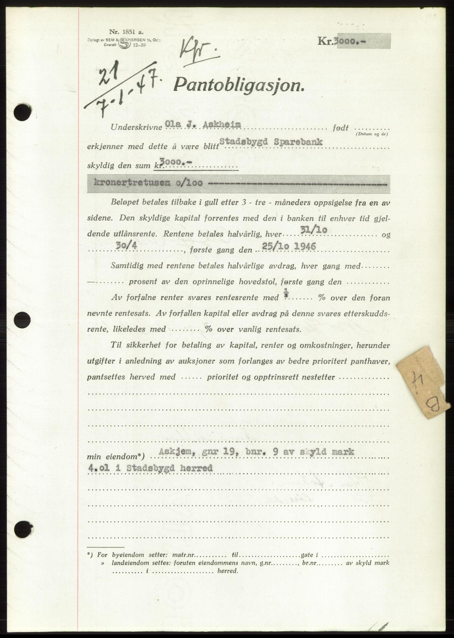 Fosen sorenskriveri, AV/SAT-A-1107/1/2/2C: Mortgage book no. B, 1946-1948, Diary no: : 21/1947