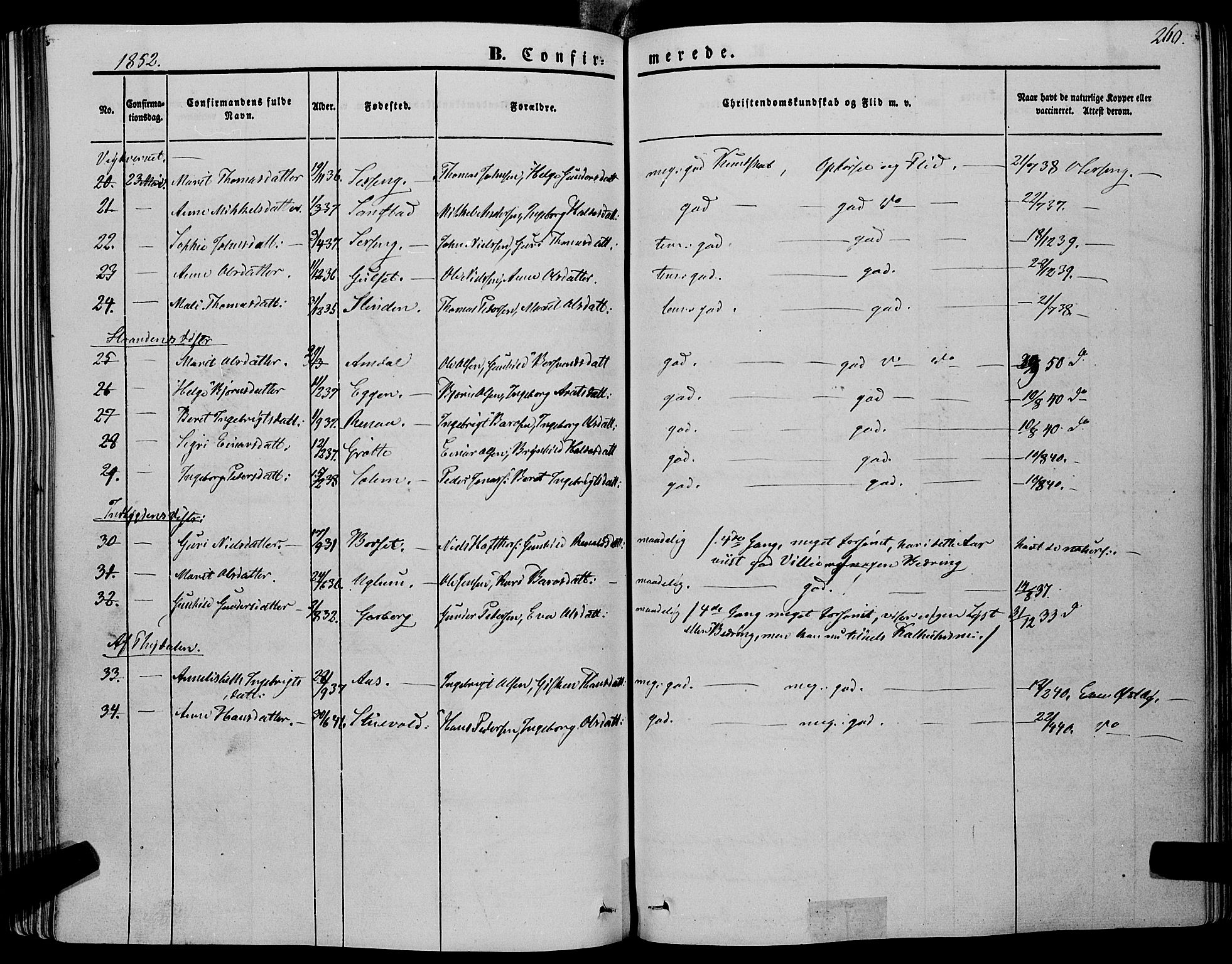 Ministerialprotokoller, klokkerbøker og fødselsregistre - Sør-Trøndelag, AV/SAT-A-1456/695/L1145: Parish register (official) no. 695A06 /1, 1843-1859, p. 260