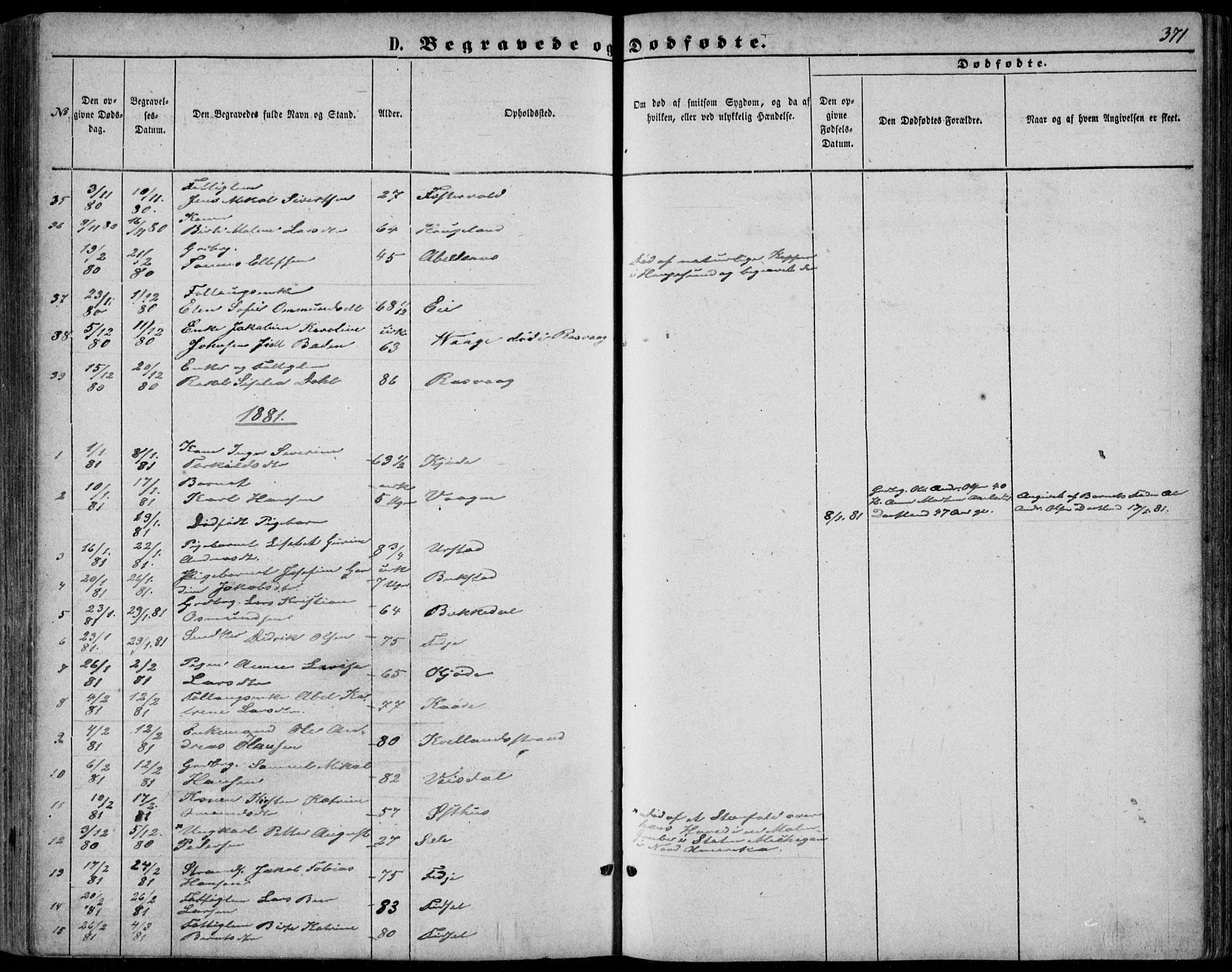 Flekkefjord sokneprestkontor, AV/SAK-1111-0012/F/Fb/Fbb/L0003: Parish register (copy) no. B 3, 1867-1889, p. 371