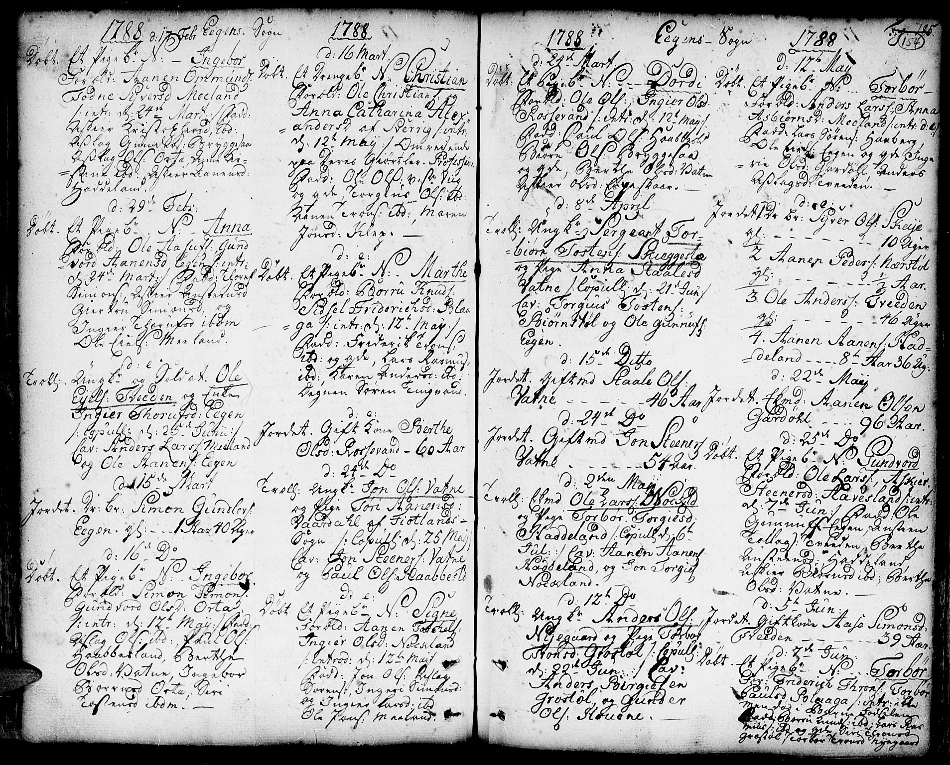 Hægebostad sokneprestkontor, SAK/1111-0024/F/Fa/Faa/L0001: Parish register (official) no. A 1 /2, 1760-1823, p. 154