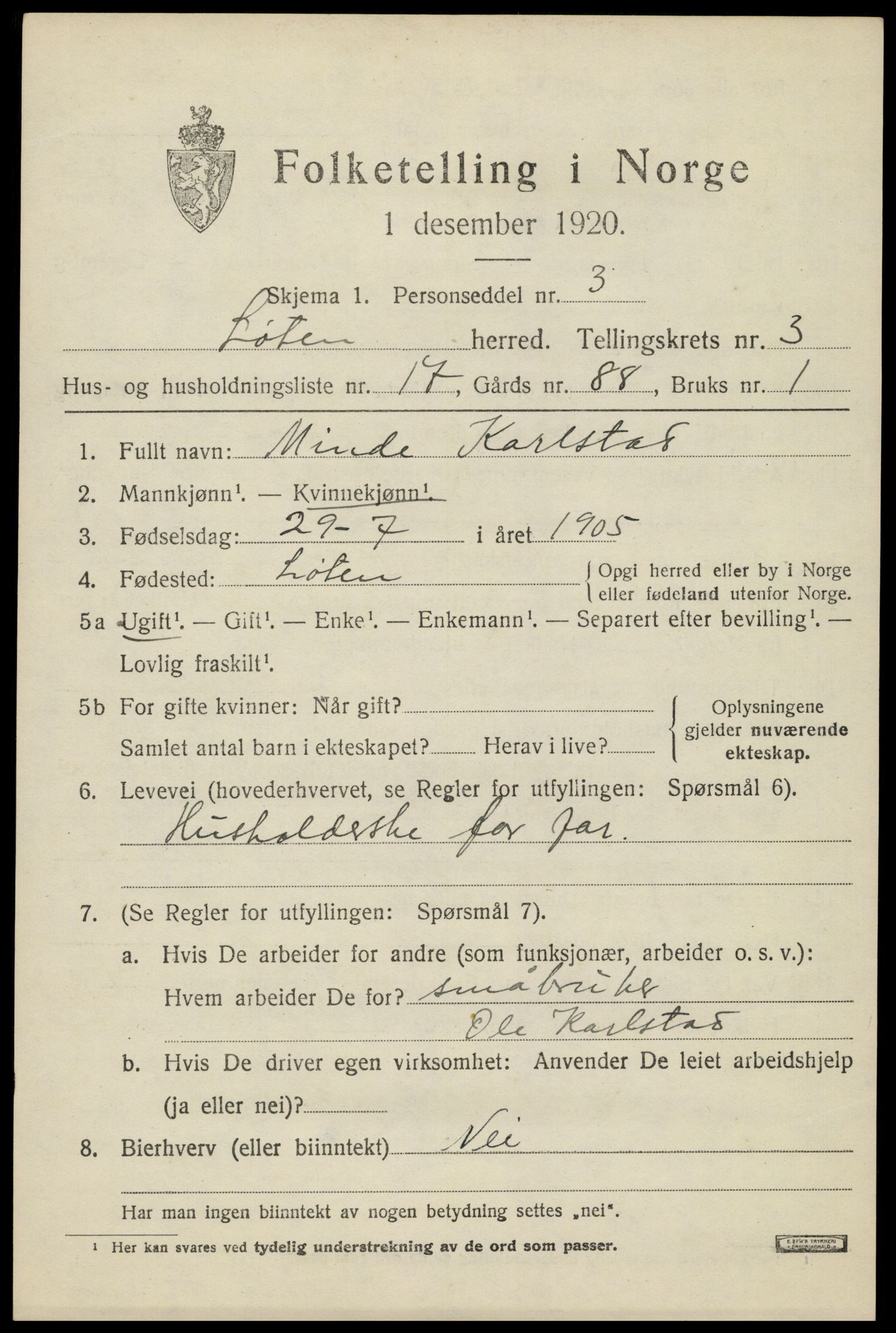 SAH, 1920 census for Løten, 1920, p. 7497