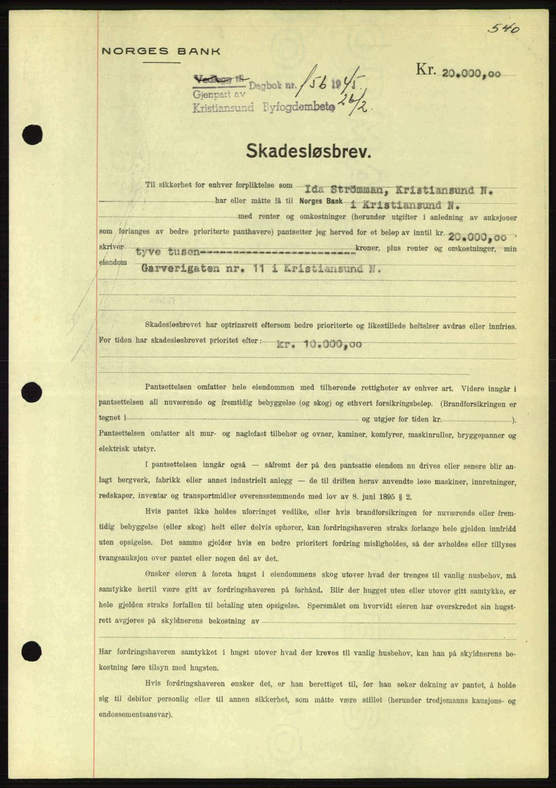 Kristiansund byfogd, SAT/A-4587/A/27: Mortgage book no. 37-38, 1943-1945, Diary no: : 156/1945