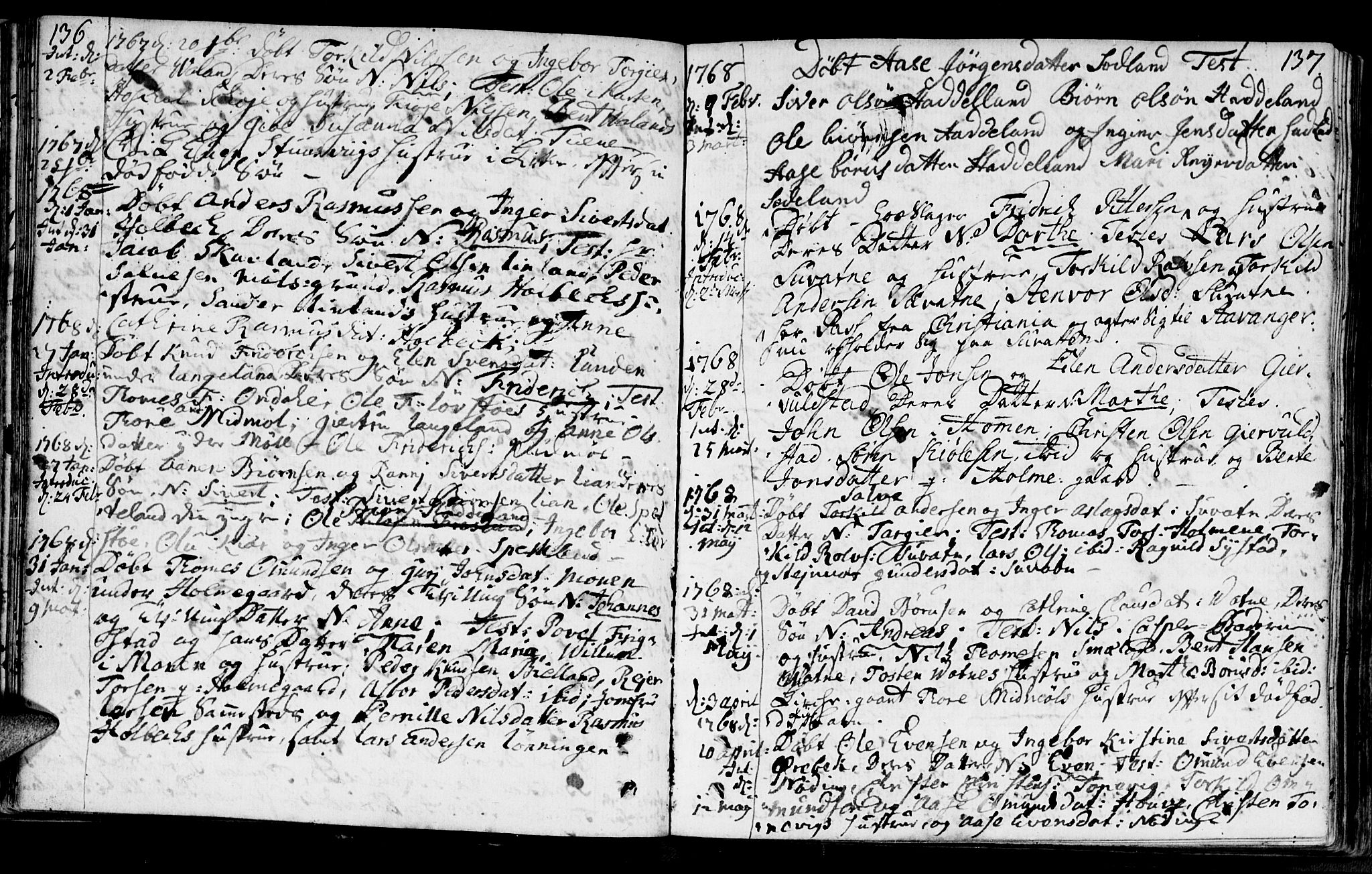 Holum sokneprestkontor, SAK/1111-0022/F/Fa/Faa/L0002: Parish register (official) no. A 2, 1756-1780, p. 136-137