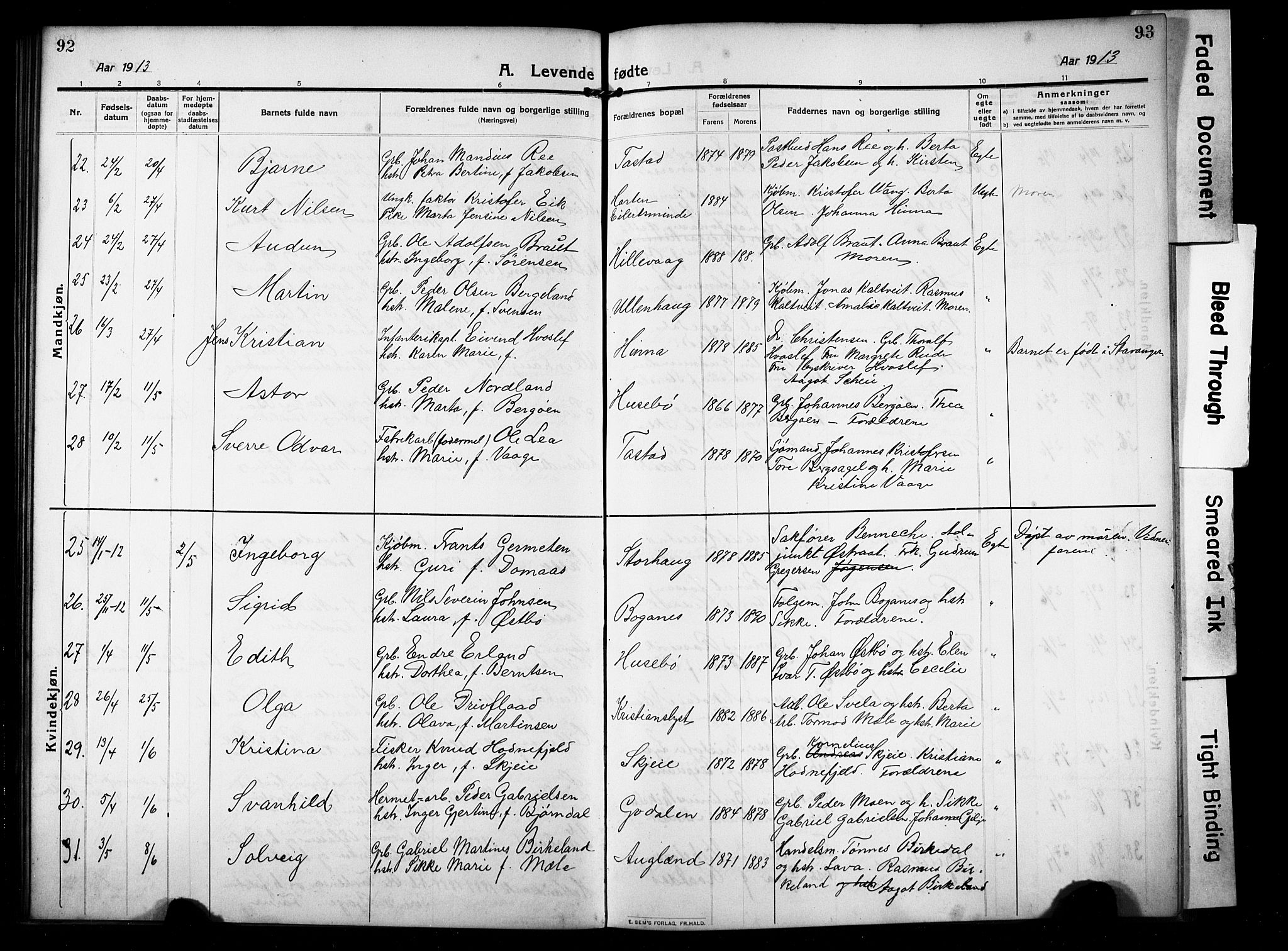 Hetland sokneprestkontor, AV/SAST-A-101826/30/30BB/L0008: Parish register (copy) no. B 8, 1910-1921, p. 92-93