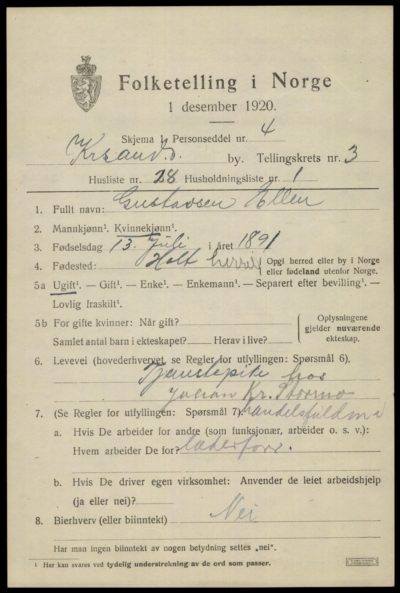 SAK, 1920 census for Kristiansand, 1920, p. 14373