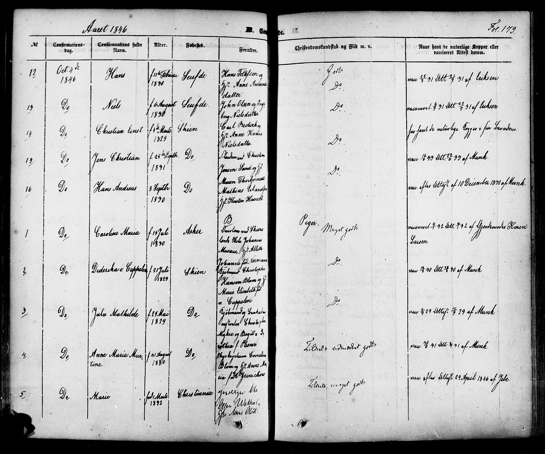 Skien kirkebøker, AV/SAKO-A-302/F/Fa/L0006a: Parish register (official) no. 6A, 1843-1856, p. 179