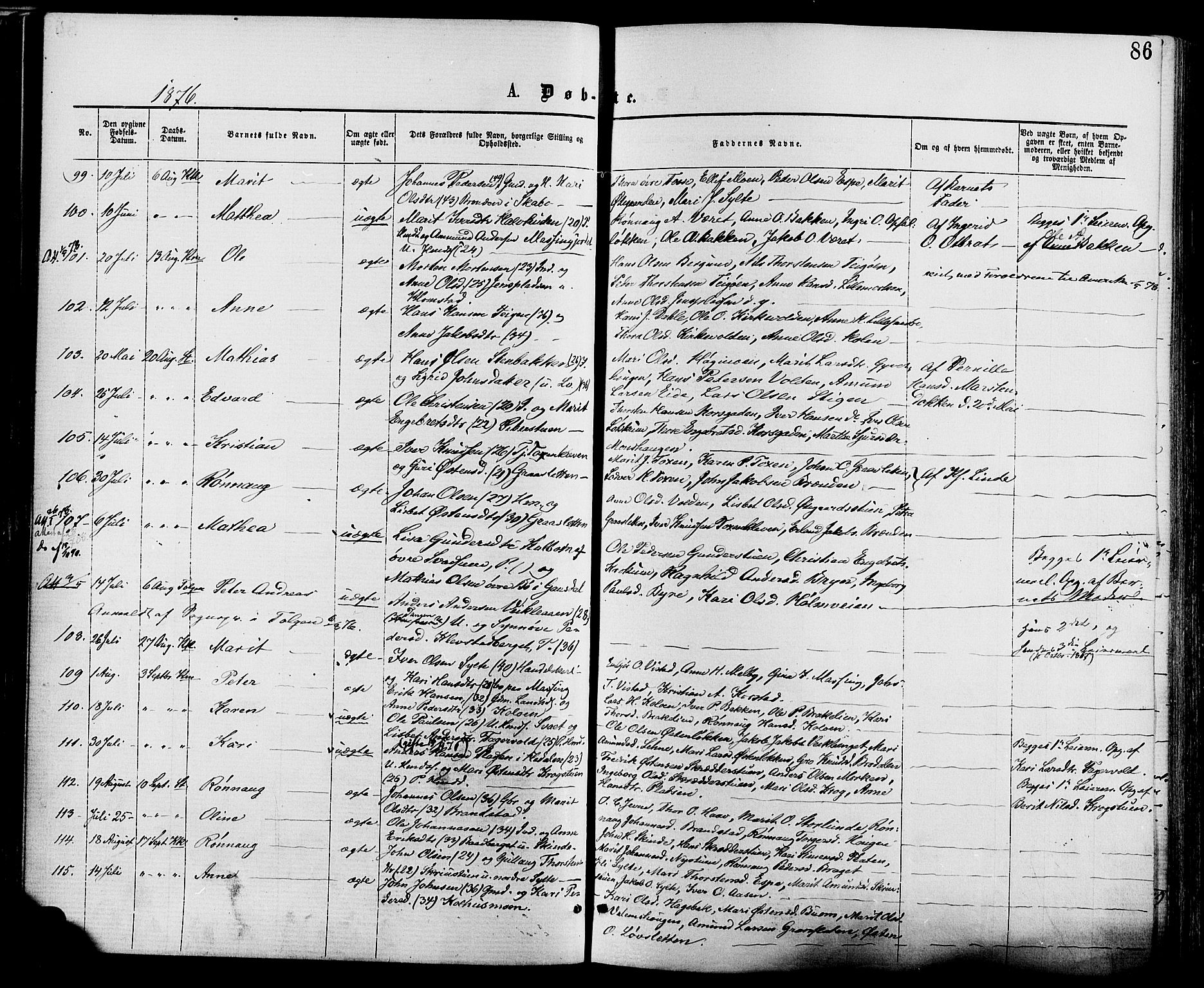 Nord-Fron prestekontor, SAH/PREST-080/H/Ha/Haa/L0002: Parish register (official) no. 2, 1865-1883, p. 86