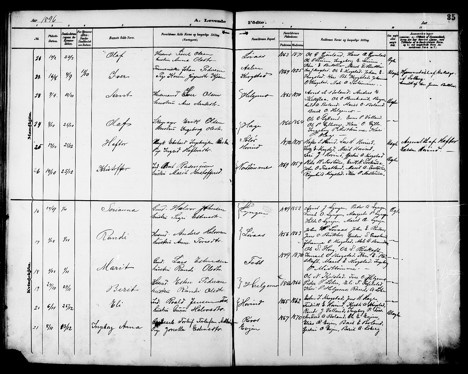 Ministerialprotokoller, klokkerbøker og fødselsregistre - Sør-Trøndelag, SAT/A-1456/692/L1111: Parish register (copy) no. 692C06, 1890-1904, p. 35