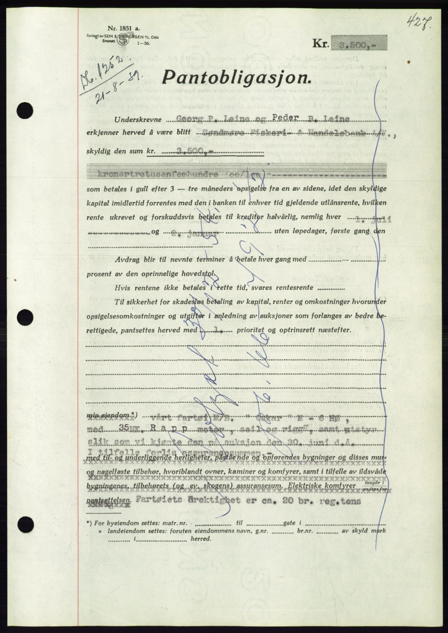 Søre Sunnmøre sorenskriveri, AV/SAT-A-4122/1/2/2C/L0068: Mortgage book no. 62, 1939-1939, Diary no: : 1252/1939