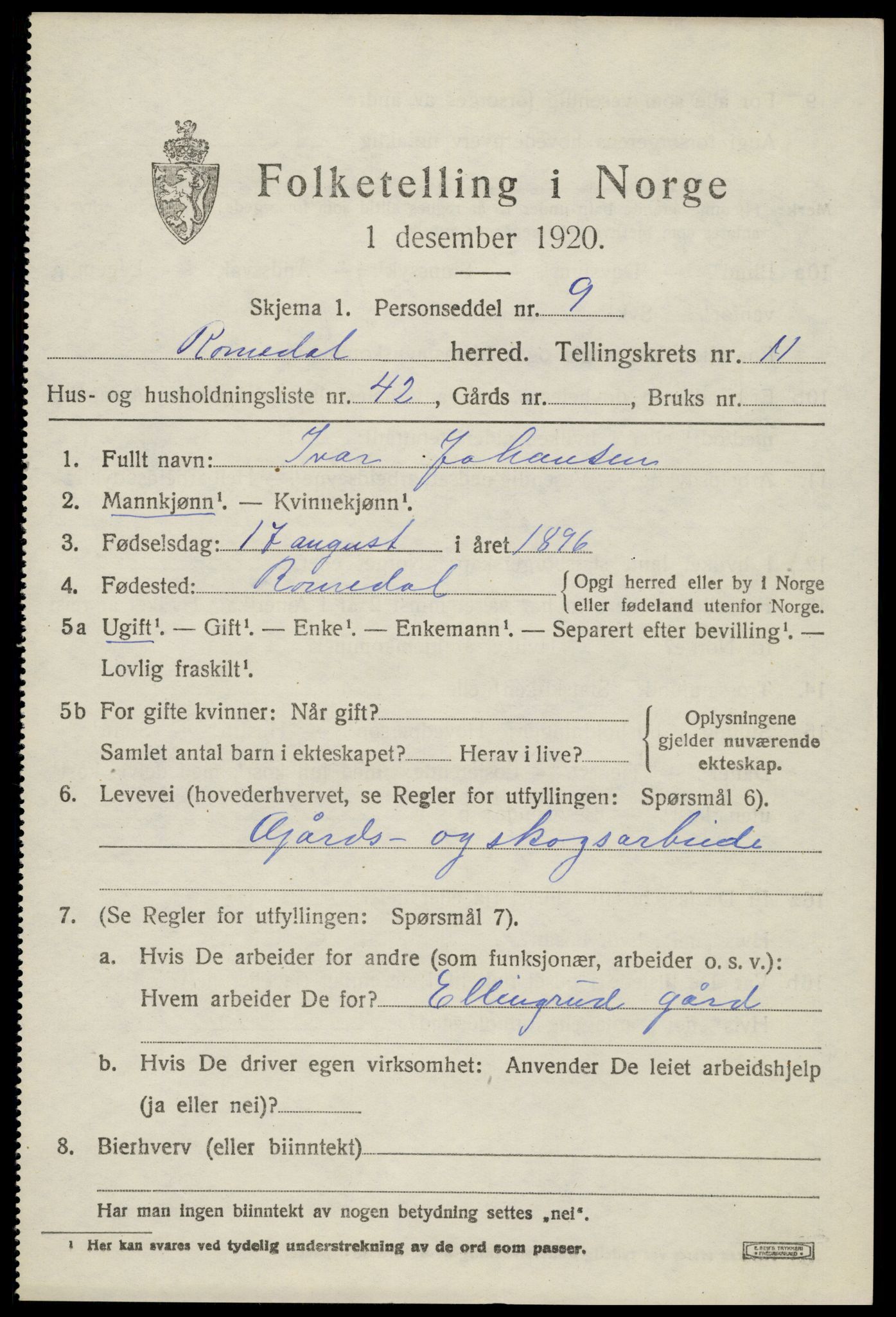 SAH, 1920 census for Romedal, 1920, p. 12579