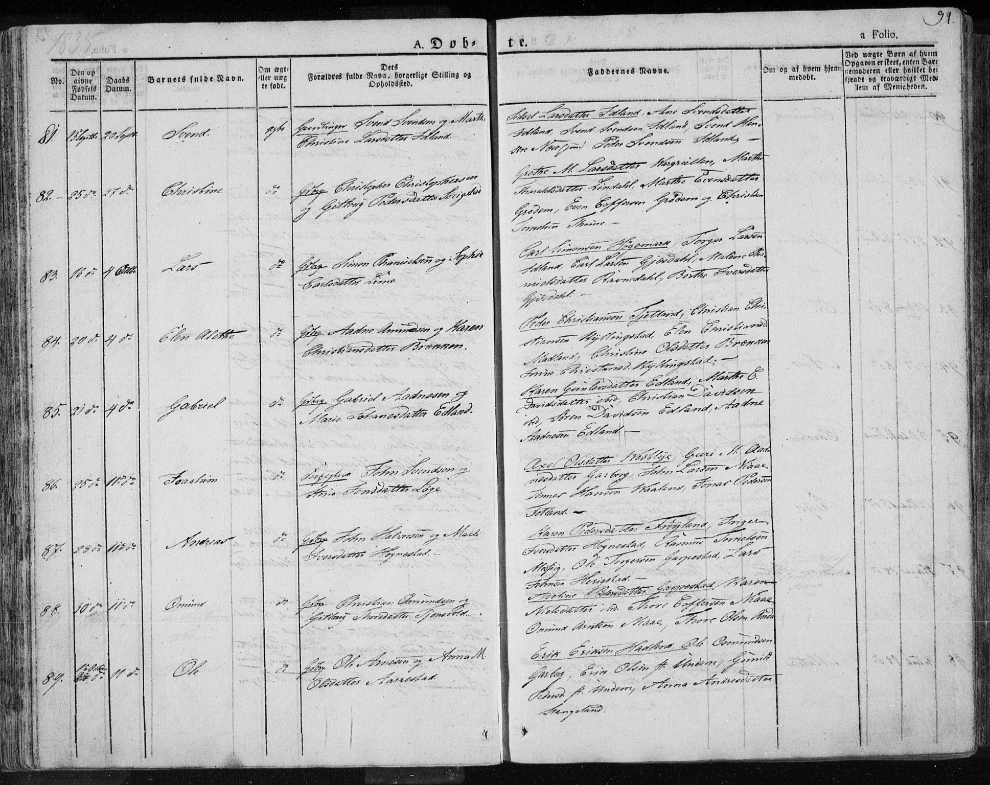 Lye sokneprestkontor, AV/SAST-A-101794/001/30BA/L0004: Parish register (official) no. A 4, 1826-1841, p. 94