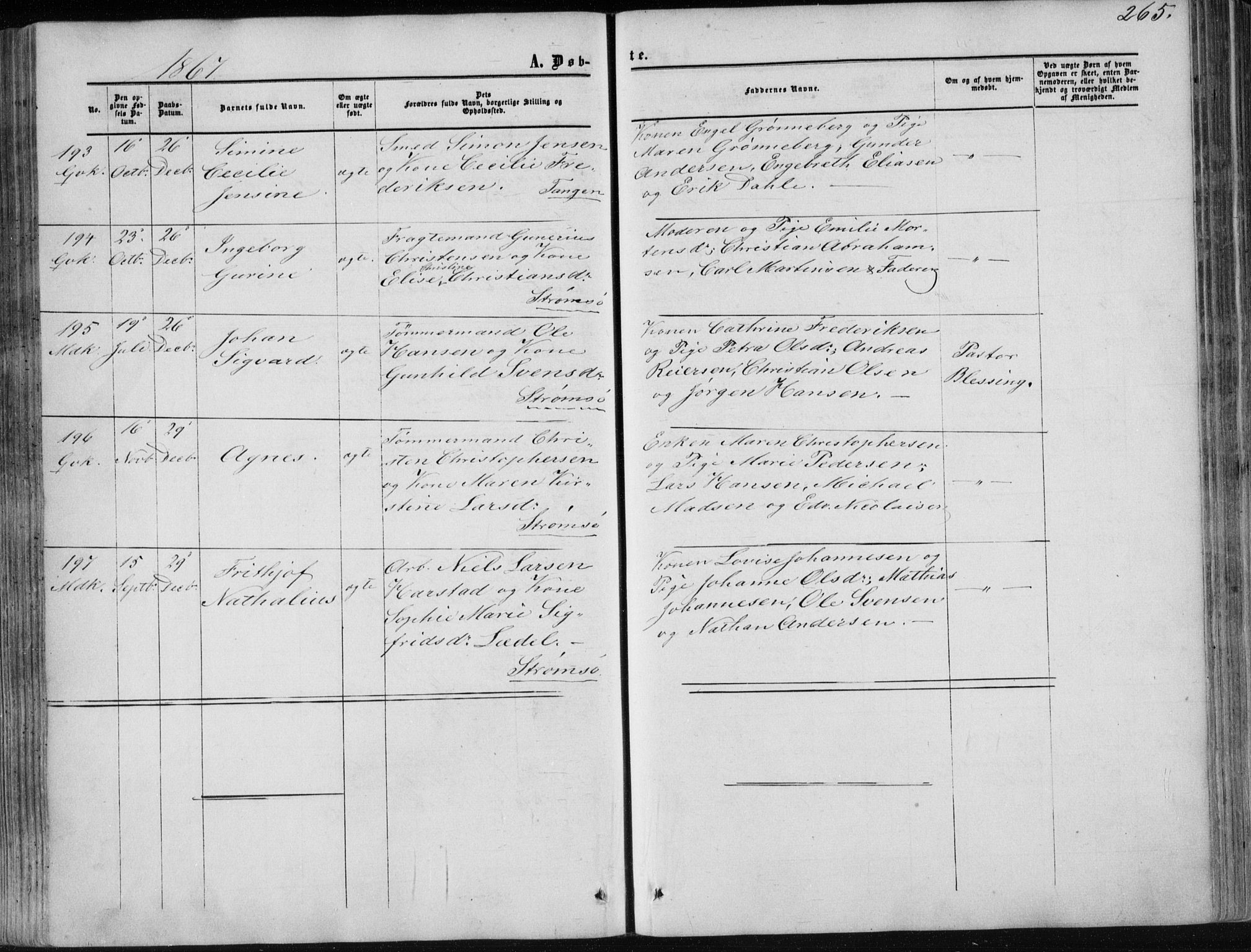 Strømsø kirkebøker, AV/SAKO-A-246/F/Fa/L0015: Parish register (official) no. I 15, 1859-1868, p. 265