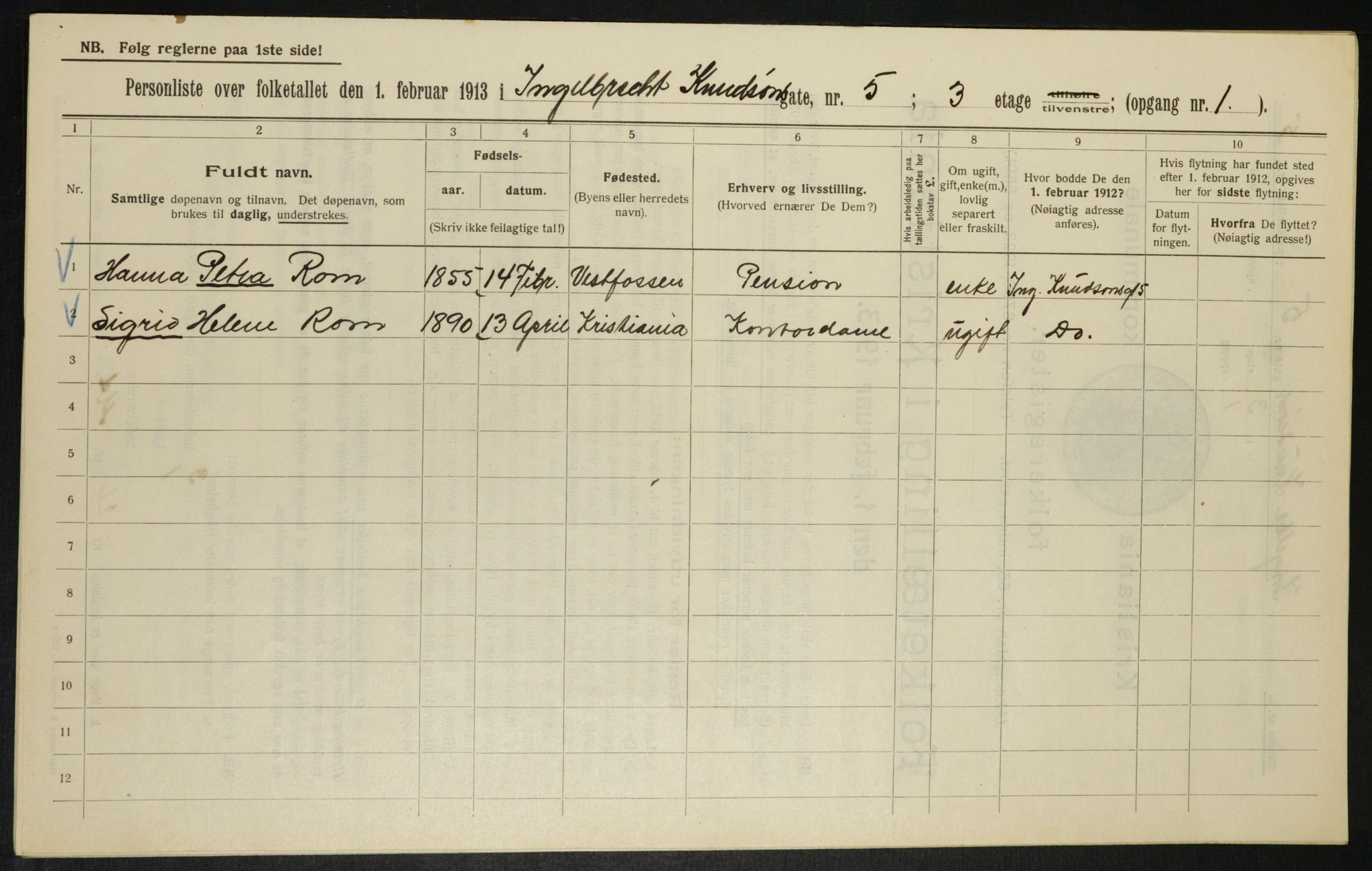 OBA, Municipal Census 1913 for Kristiania, 1913, p. 43668