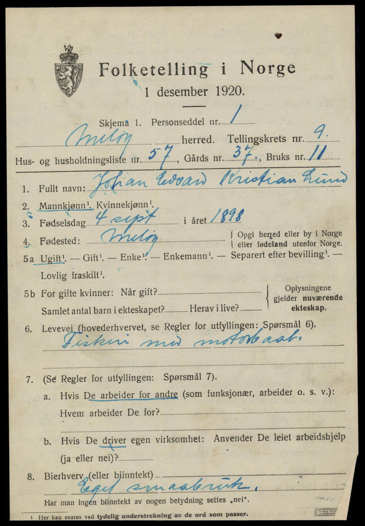 SAT, 1920 census for Meløy, 1920, p. 5161