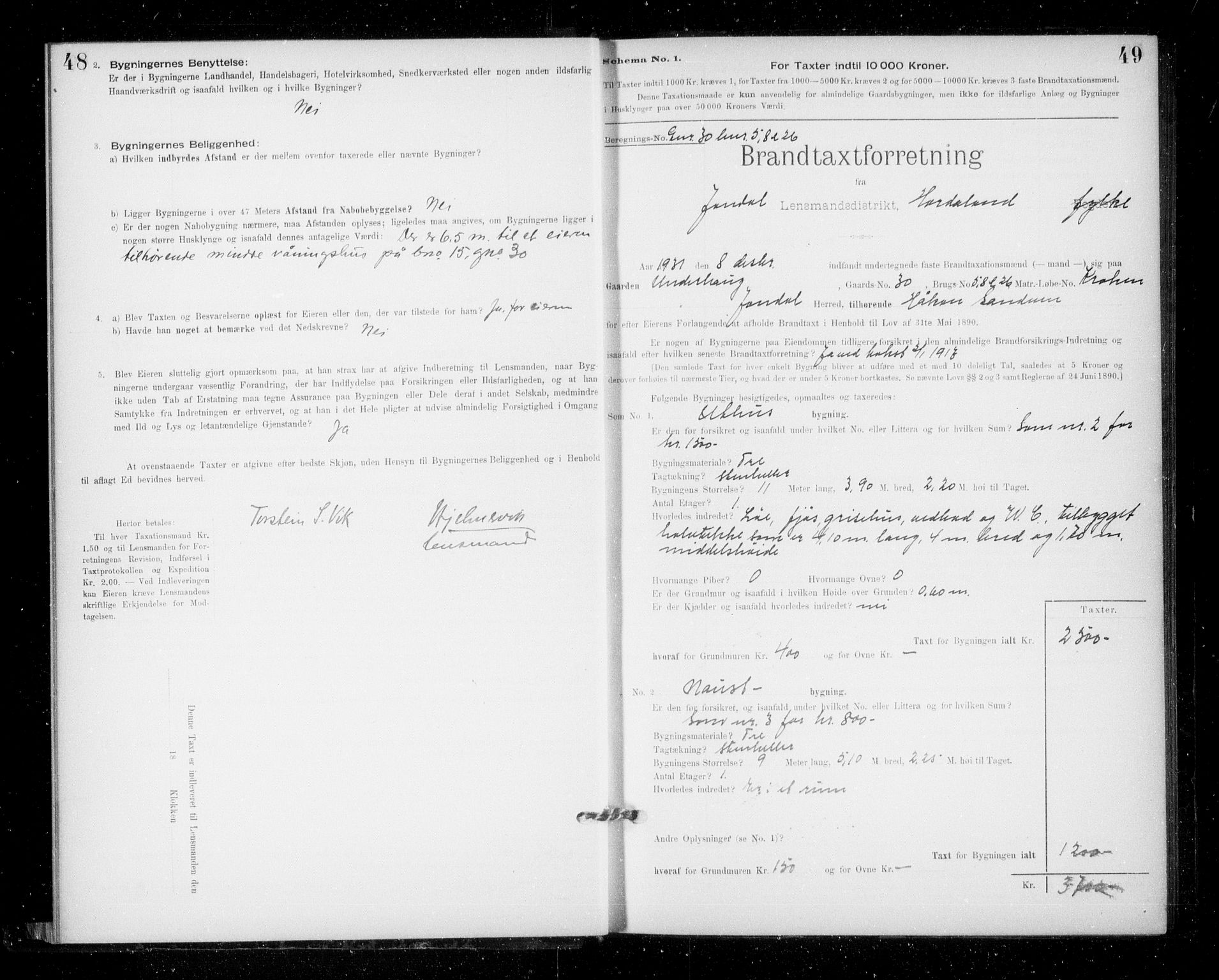 Lensmannen i Jondal, SAB/A-33101/0012/L0005: Branntakstprotokoll, skjematakst, 1894-1951, p. 48-49