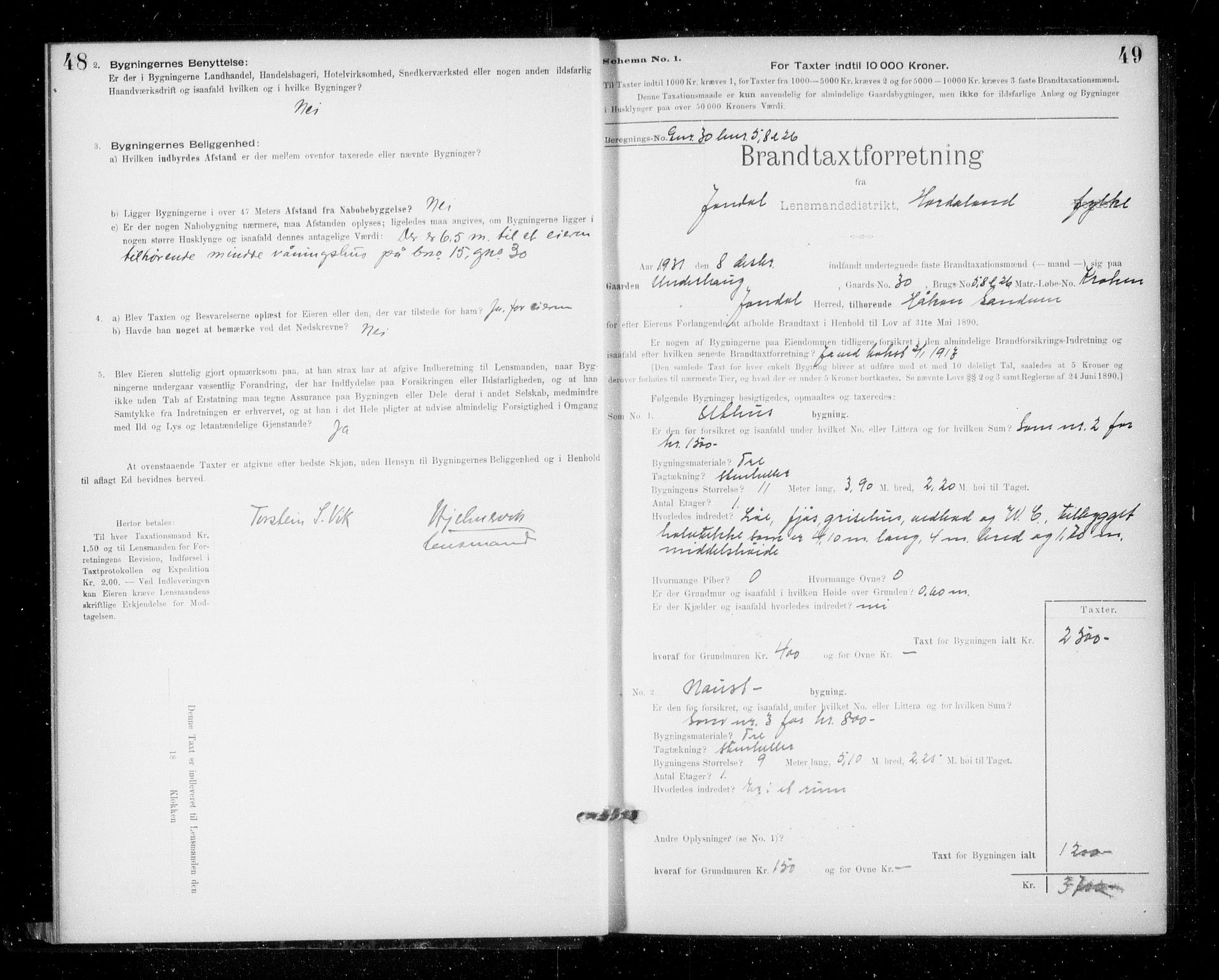 Lensmannen i Jondal, AV/SAB-A-33101/0012/L0005: Branntakstprotokoll, skjematakst, 1894-1951, p. 48-49