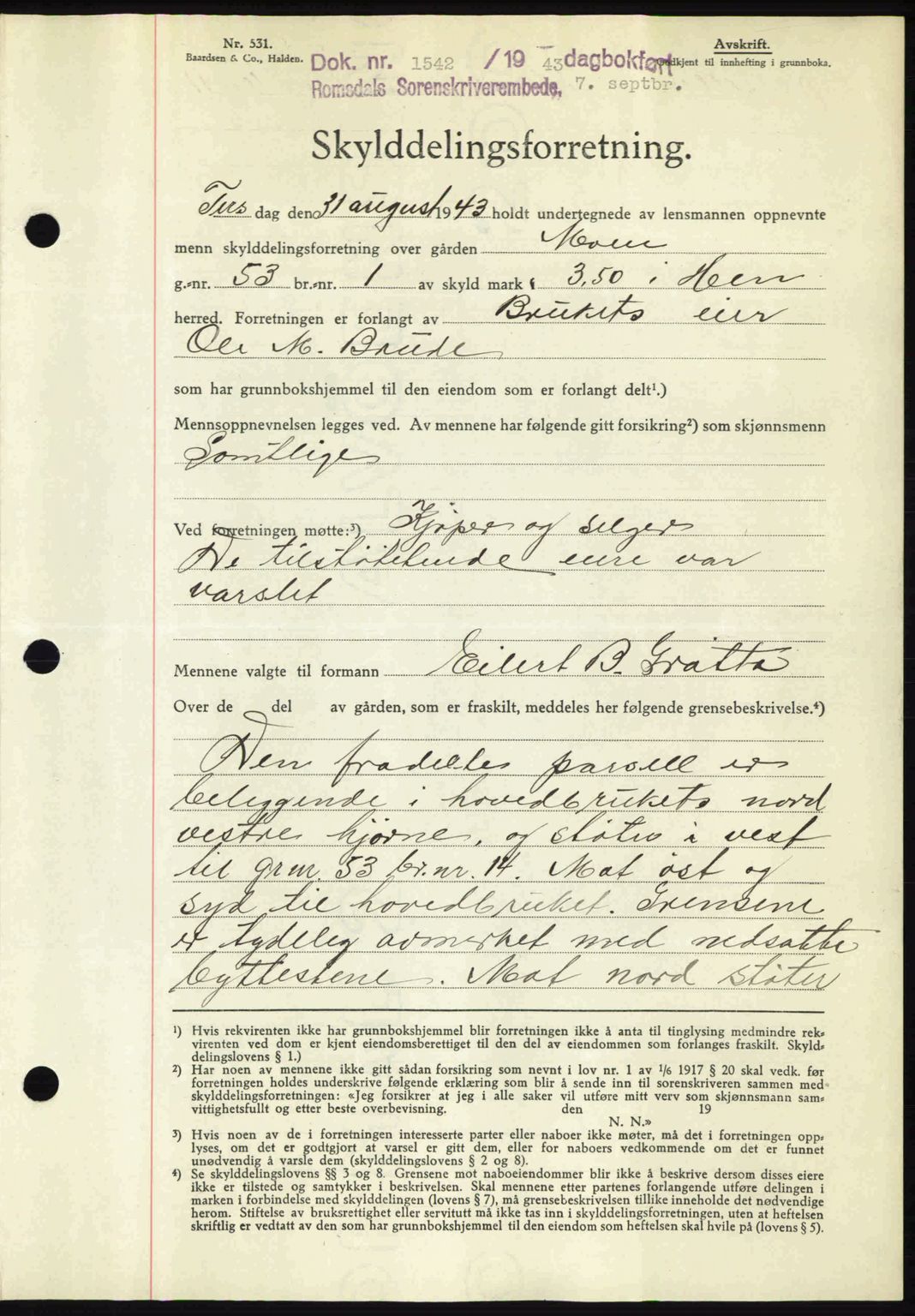 Romsdal sorenskriveri, AV/SAT-A-4149/1/2/2C: Mortgage book no. A14, 1943-1943, Diary no: : 1542/1943