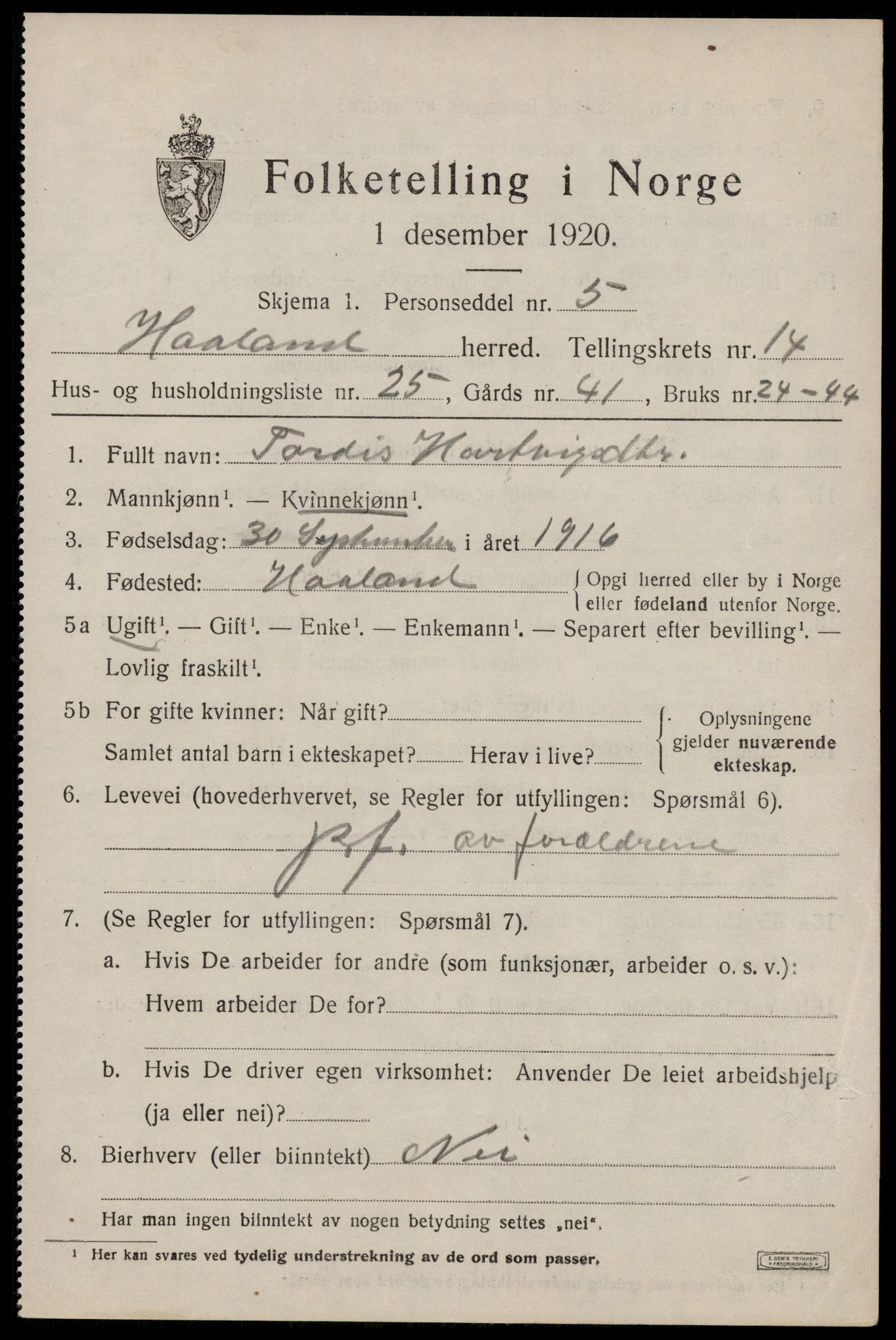 SAST, 1920 census for Håland, 1920, p. 10249