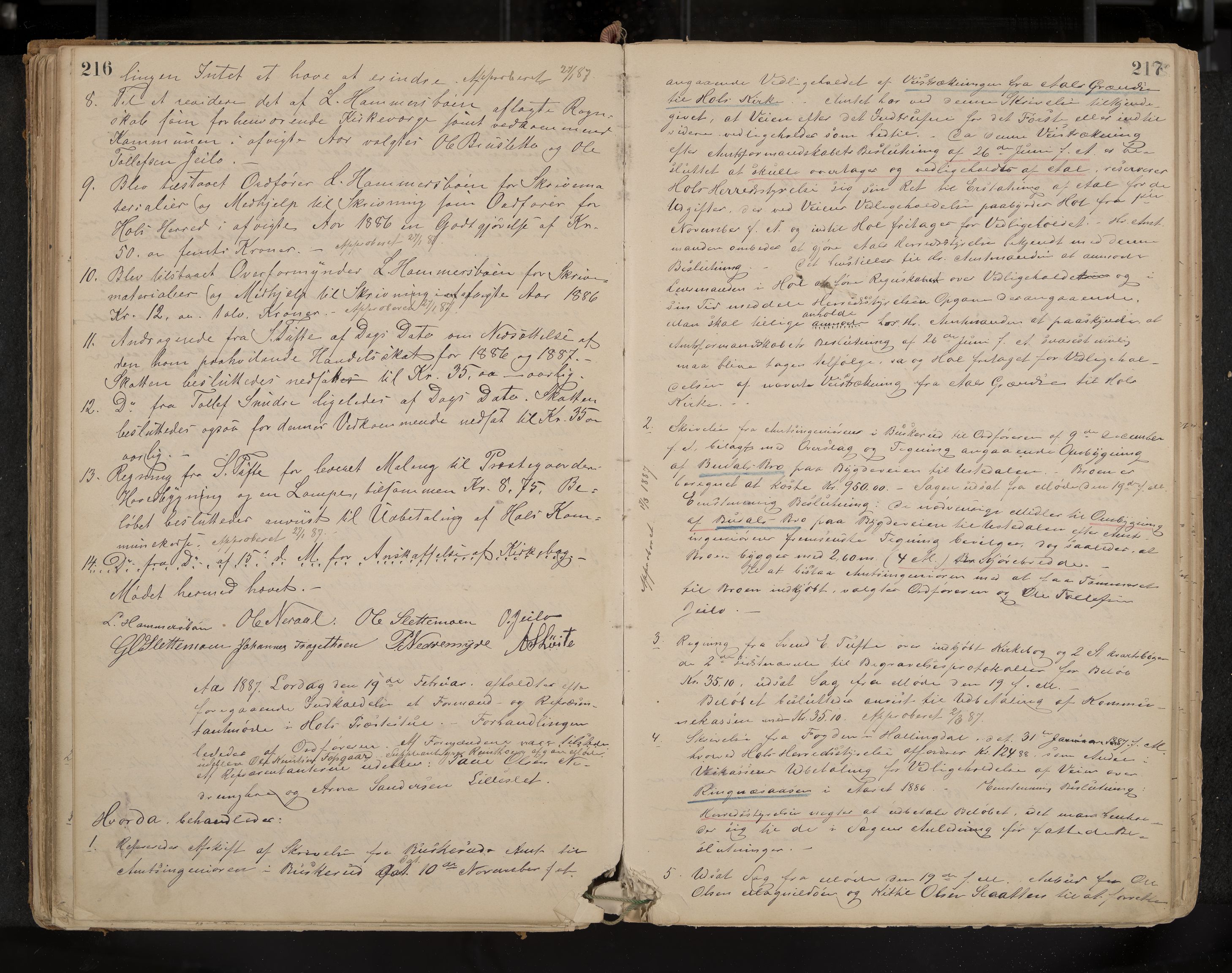 Hol formannskap og sentraladministrasjon, IKAK/0620021-1/A/L0001: Møtebok, 1877-1893, p. 216-217