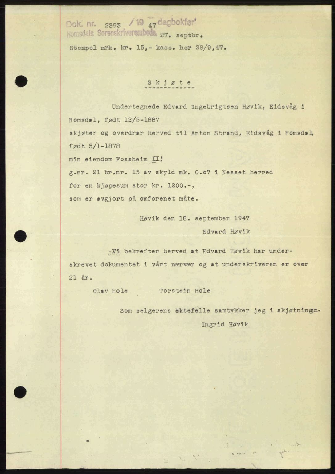 Romsdal sorenskriveri, SAT/A-4149/1/2/2C: Mortgage book no. A24, 1947-1947, Diary no: : 2393/1947