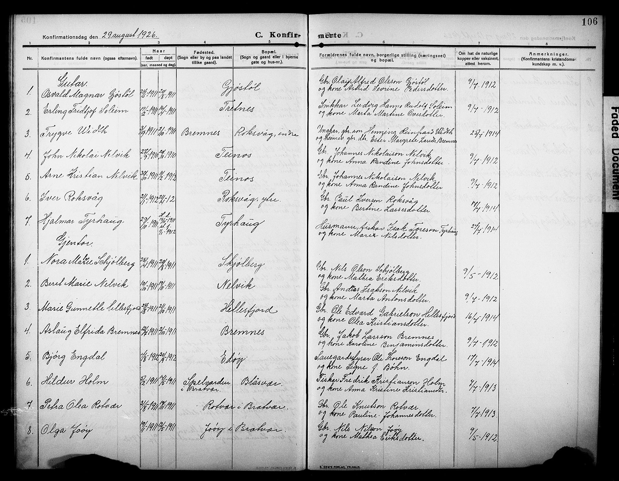Ministerialprotokoller, klokkerbøker og fødselsregistre - Møre og Romsdal, SAT/A-1454/581/L0943: Parish register (copy) no. 581C01, 1909-1931, p. 106