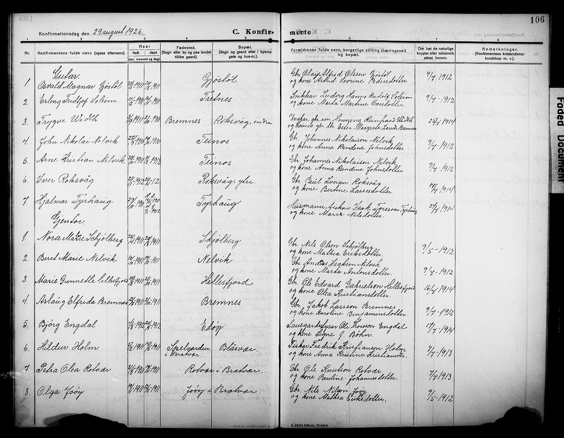 Ministerialprotokoller, klokkerbøker og fødselsregistre - Møre og Romsdal, AV/SAT-A-1454/581/L0943: Parish register (copy) no. 581C01, 1909-1931, p. 106