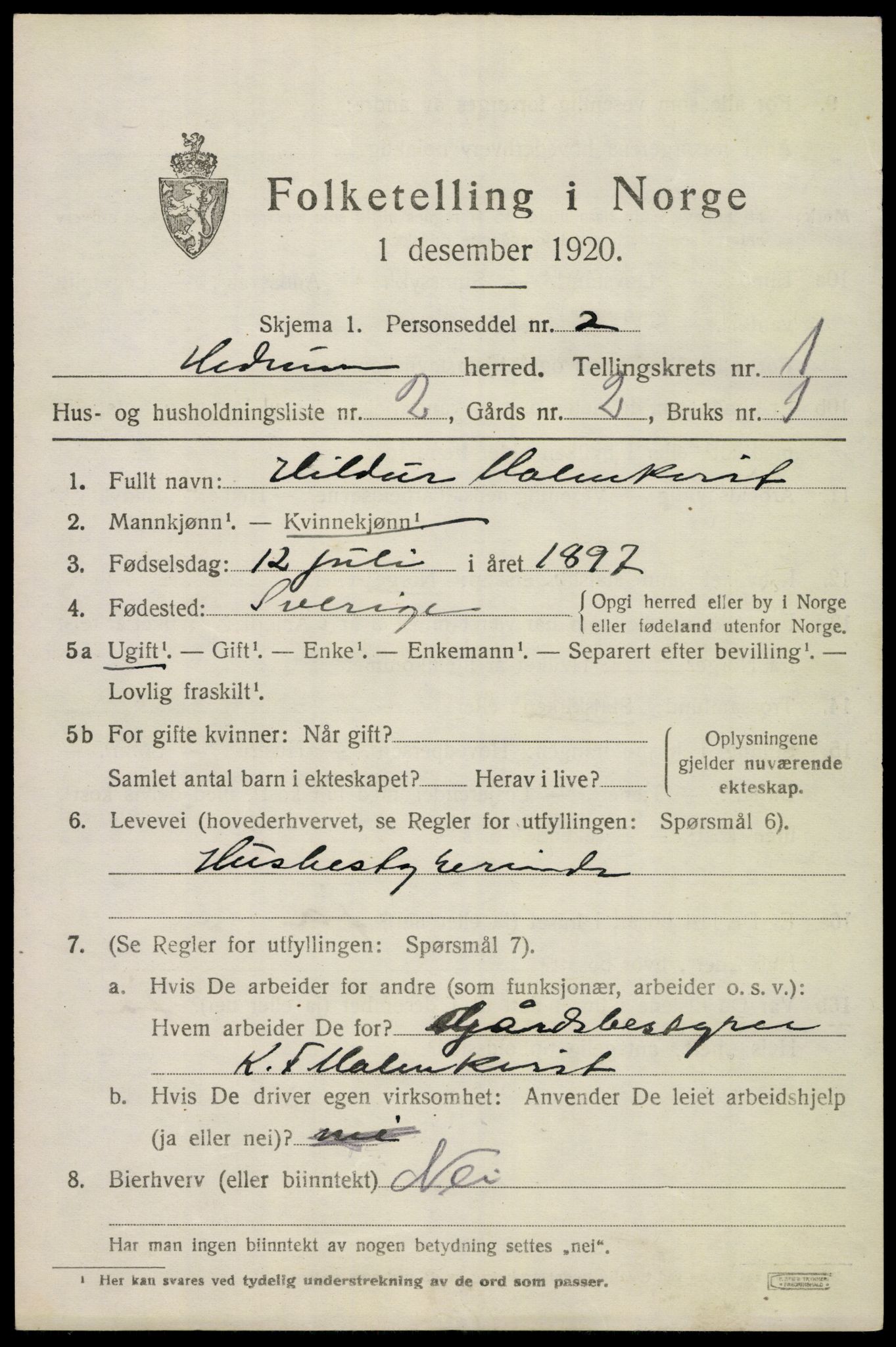 SAKO, 1920 census for Hedrum, 1920, p. 1809