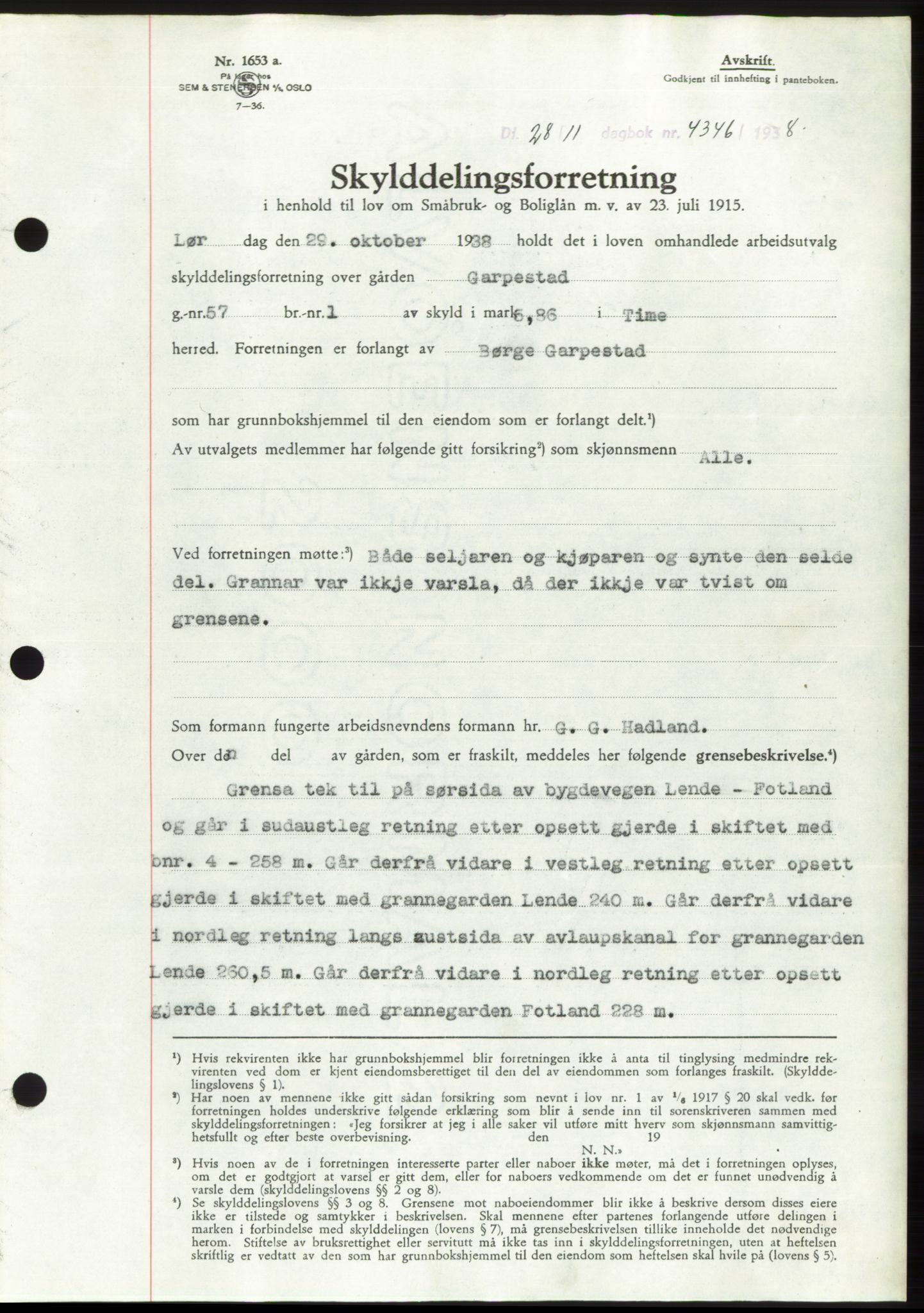 Jæren sorenskriveri, SAST/A-100310/03/G/Gba/L0072: Mortgage book, 1938-1938, Diary no: : 4346/1938