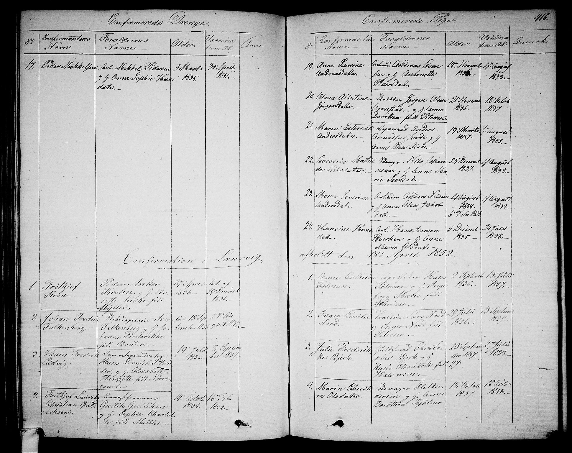 Larvik kirkebøker, AV/SAKO-A-352/G/Ga/L0003b: Parish register (copy) no. I 3B, 1830-1870, p. 416