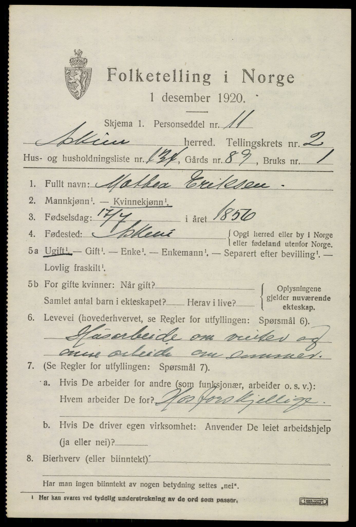 SAO, 1920 census for Askim, 1920, p. 6753