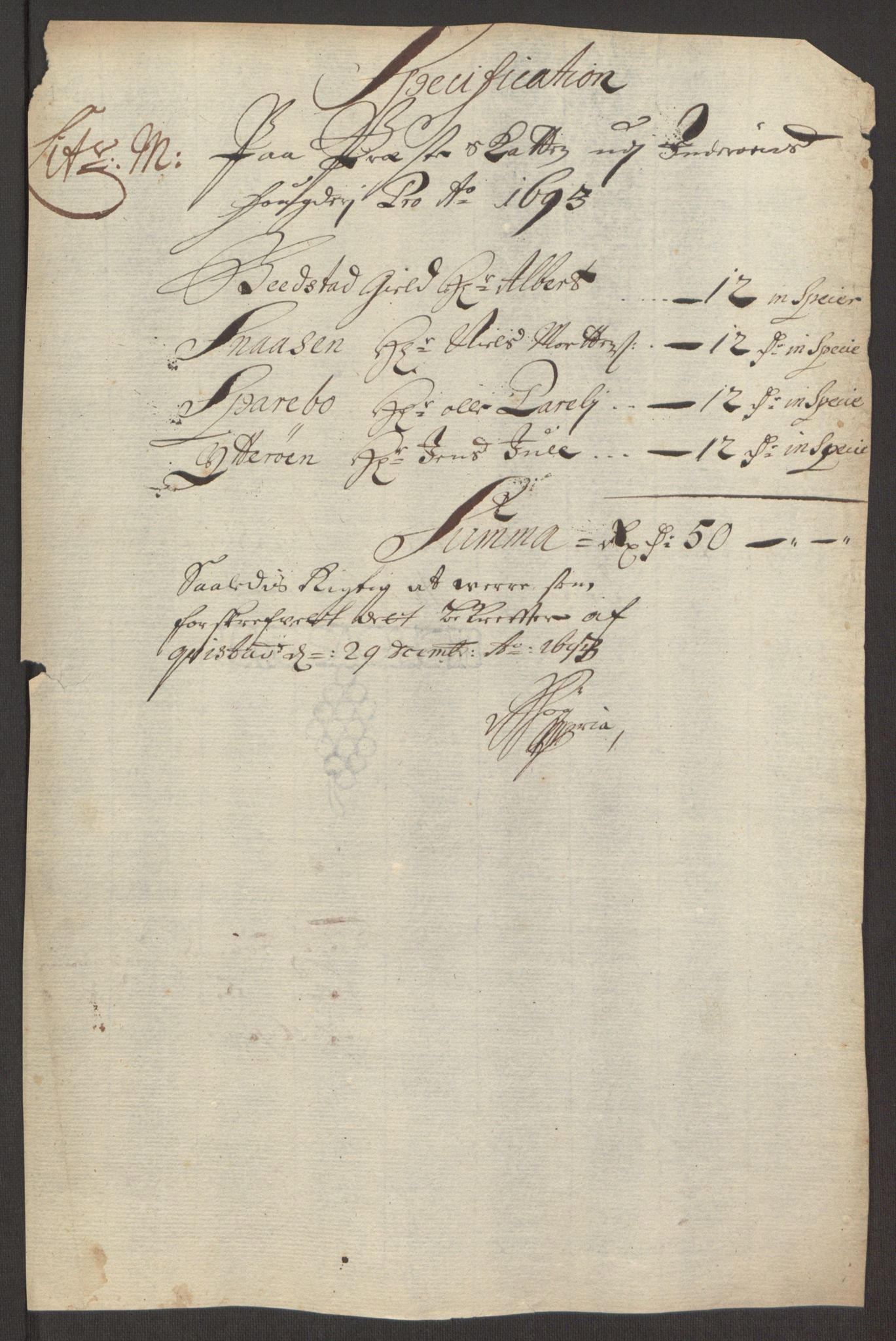 Rentekammeret inntil 1814, Reviderte regnskaper, Fogderegnskap, RA/EA-4092/R63/L4308: Fogderegnskap Inderøy, 1692-1694, p. 509