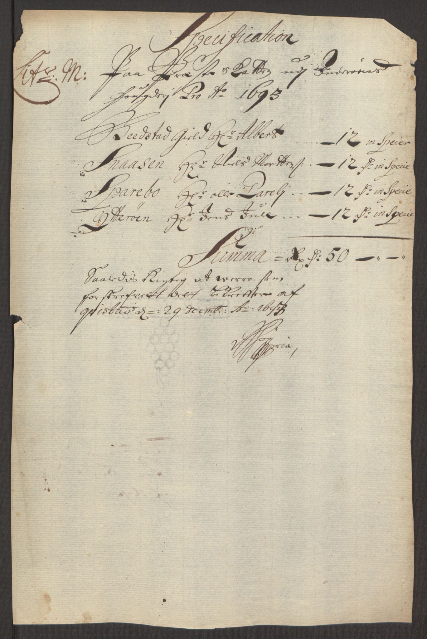 Rentekammeret inntil 1814, Reviderte regnskaper, Fogderegnskap, AV/RA-EA-4092/R63/L4308: Fogderegnskap Inderøy, 1692-1694, p. 509