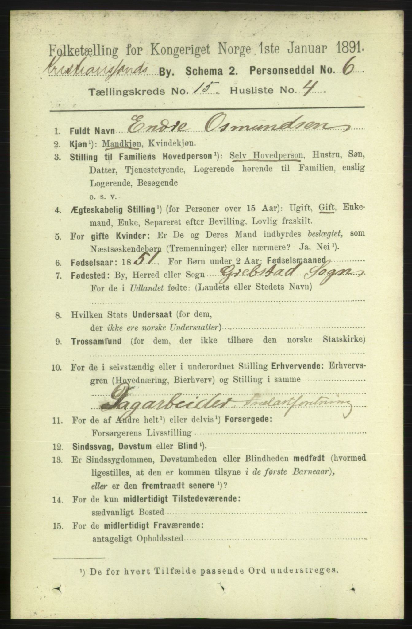 RA, 1891 census for 1001 Kristiansand, 1891, p. 6338