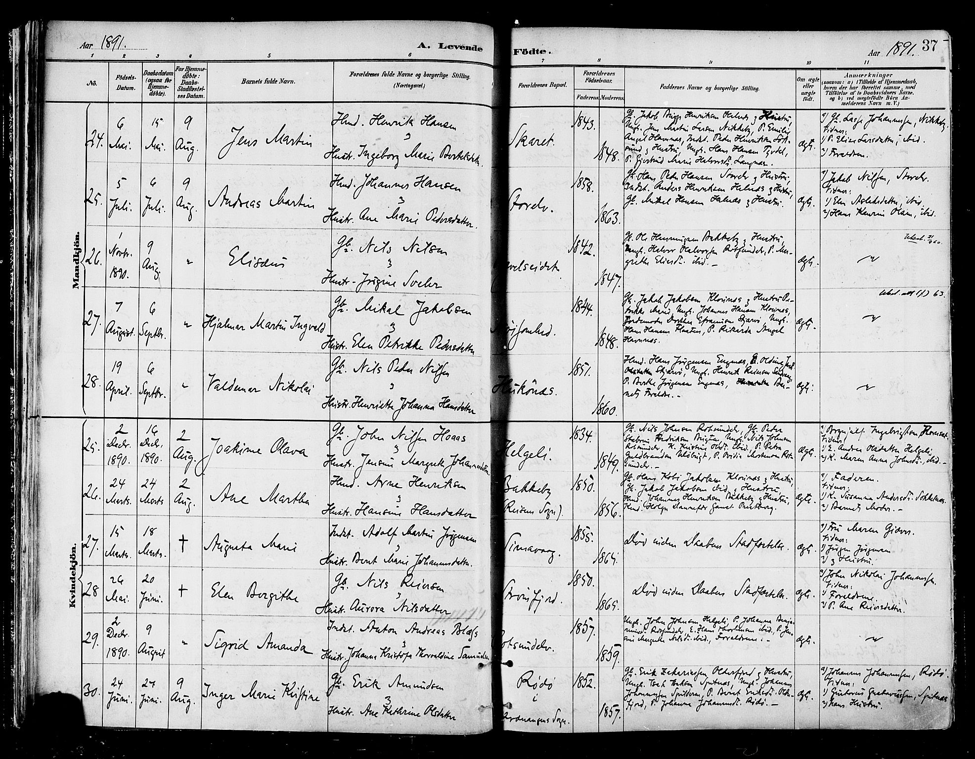 Skjervøy sokneprestkontor, AV/SATØ-S-1300/H/Ha/Haa/L0010kirke: Parish register (official) no. 10, 1887-1898, p. 37