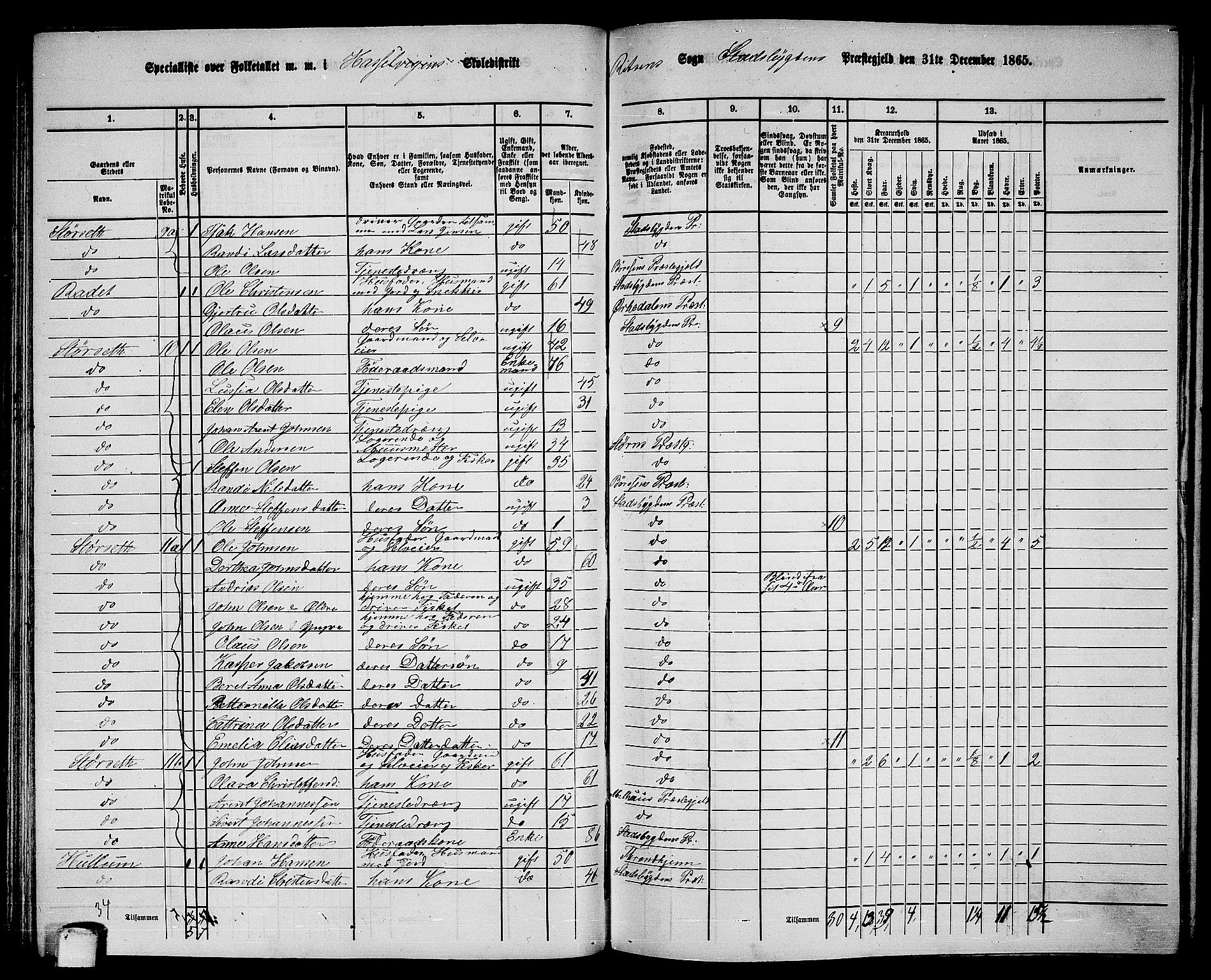 RA, 1865 census for Stadsbygd, 1865, p. 85