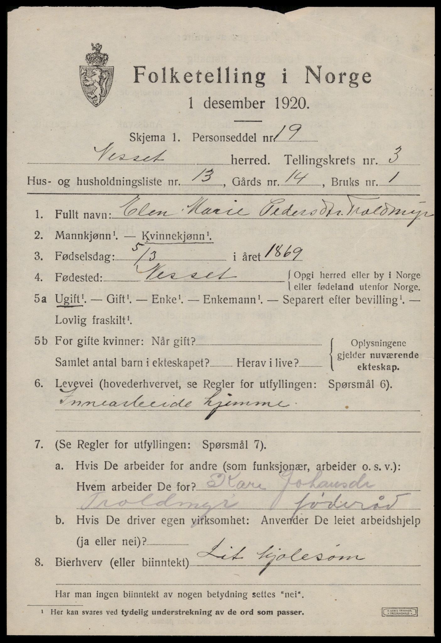 SAT, 1920 census for Nesset, 1920, p. 1480