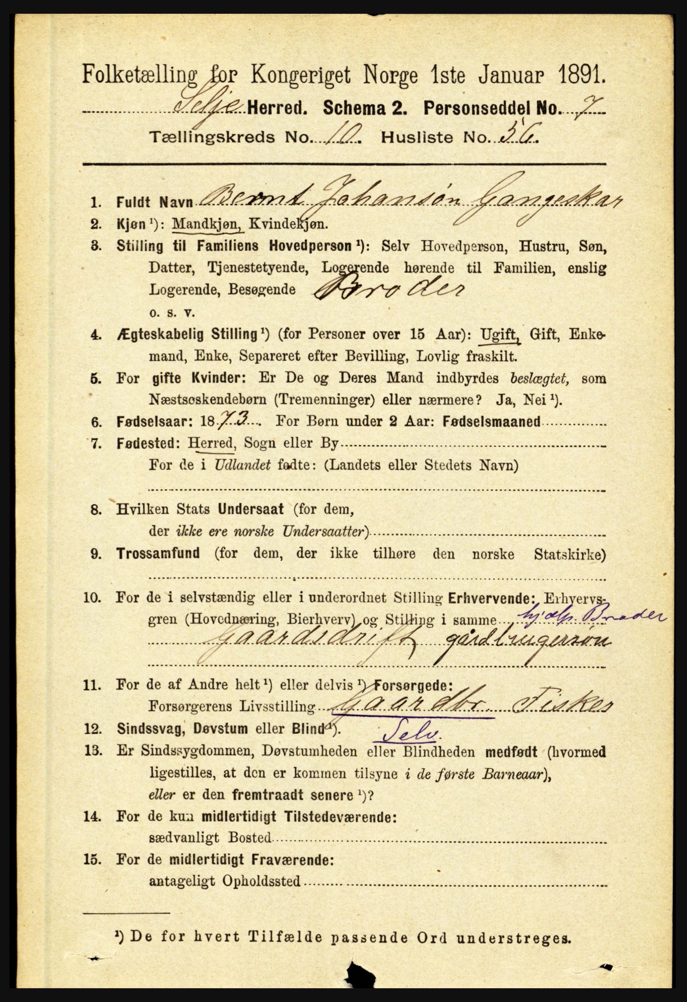 RA, 1891 census for 1441 Selje, 1891, p. 3369