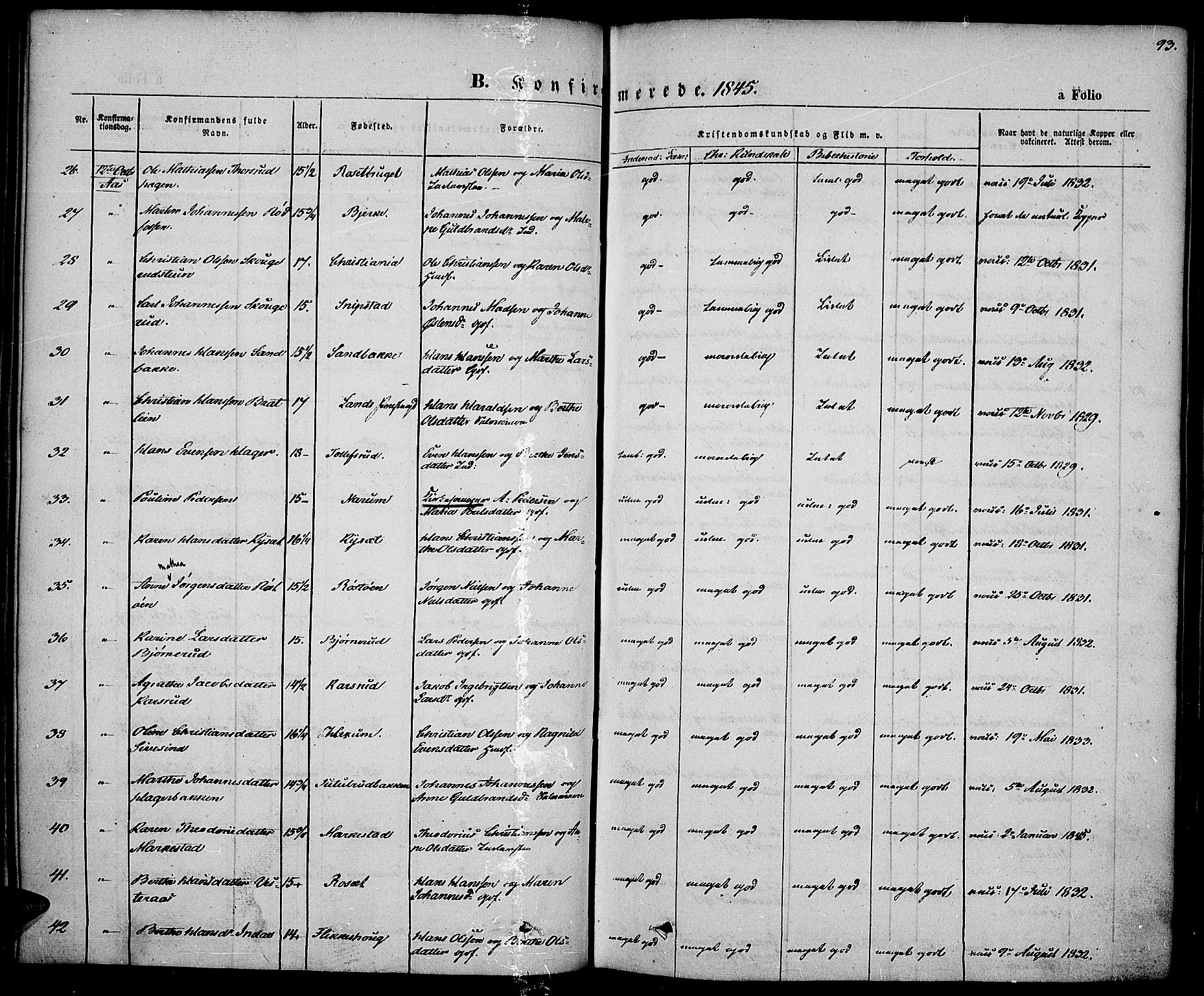 Vestre Toten prestekontor, AV/SAH-PREST-108/H/Ha/Haa/L0004: Parish register (official) no. 4, 1844-1849, p. 93