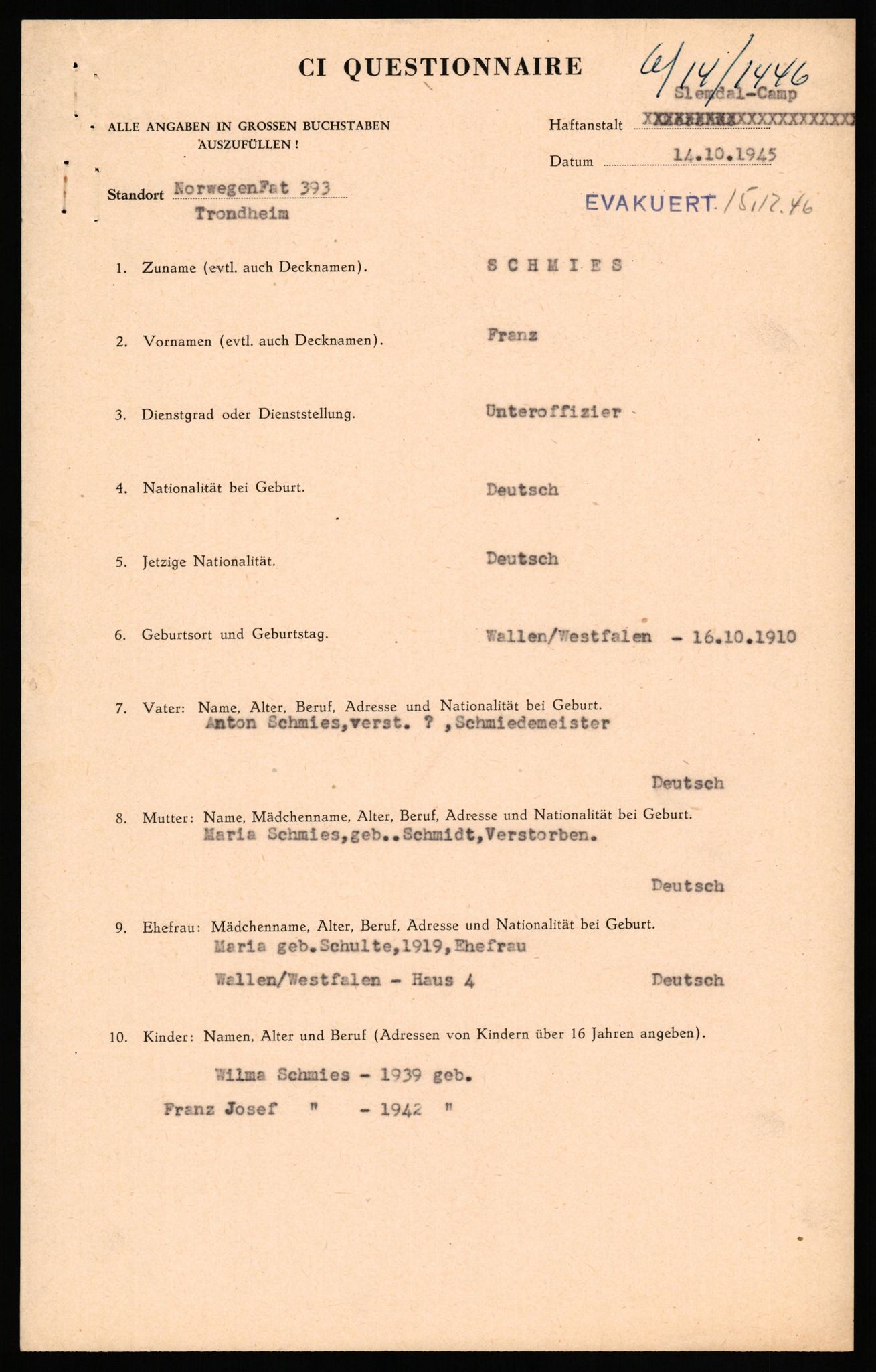 Forsvaret, Forsvarets overkommando II, AV/RA-RAFA-3915/D/Db/L0029: CI Questionaires. Tyske okkupasjonsstyrker i Norge. Tyskere., 1945-1946, p. 437