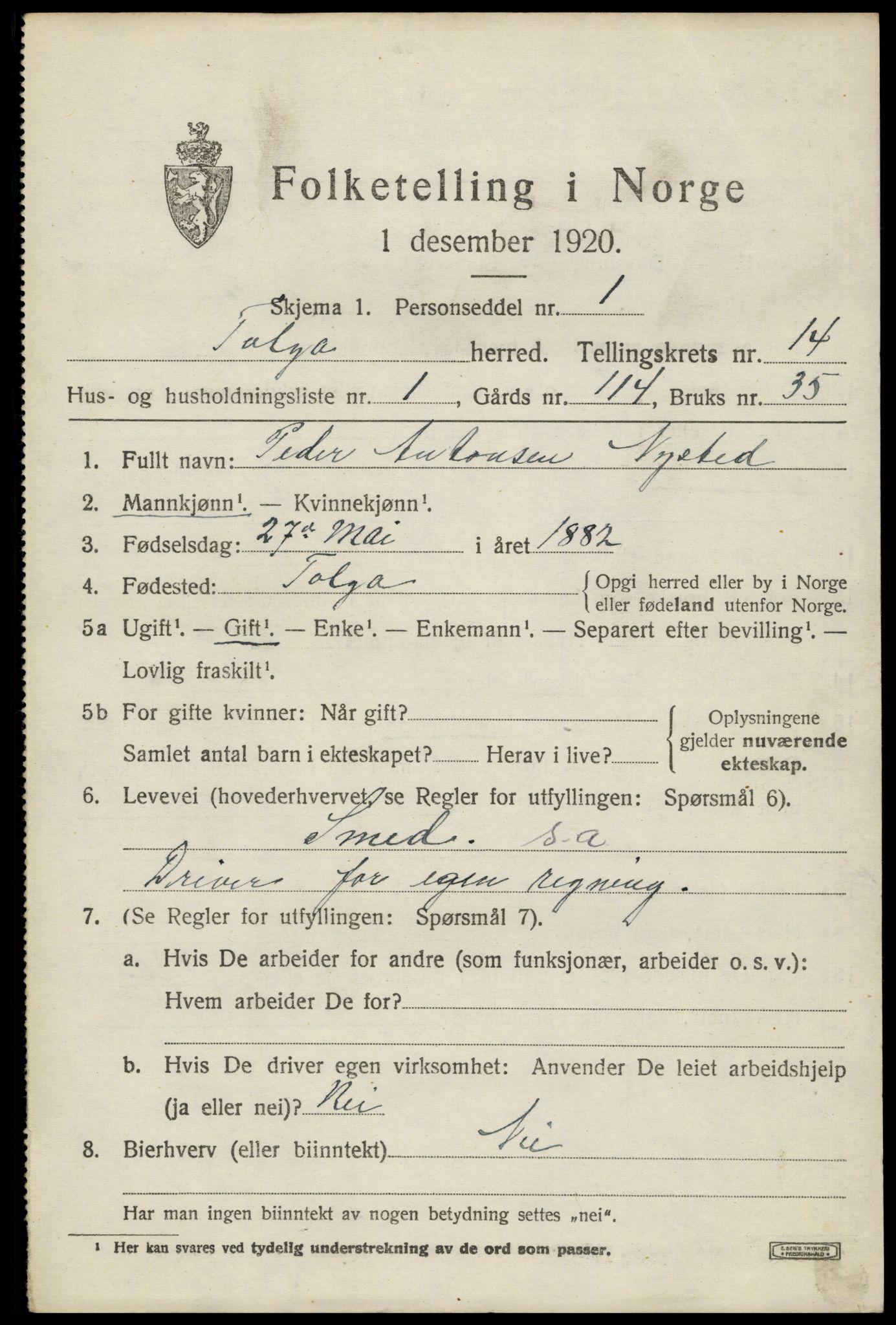 SAH, 1920 census for Tolga, 1920, p. 6237