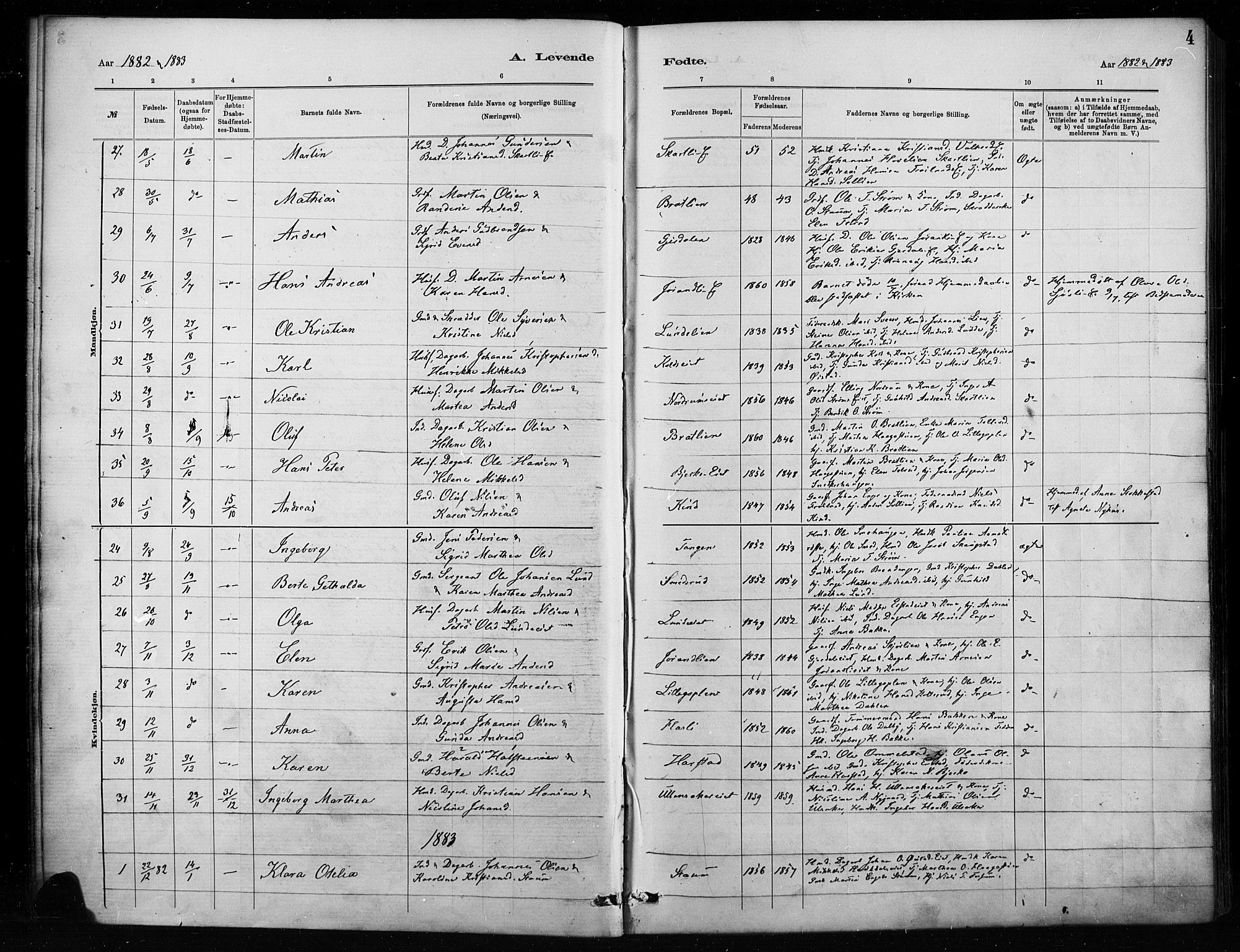 Nordre Land prestekontor, AV/SAH-PREST-124/H/Ha/Haa/L0004: Parish register (official) no. 4, 1882-1896, p. 4