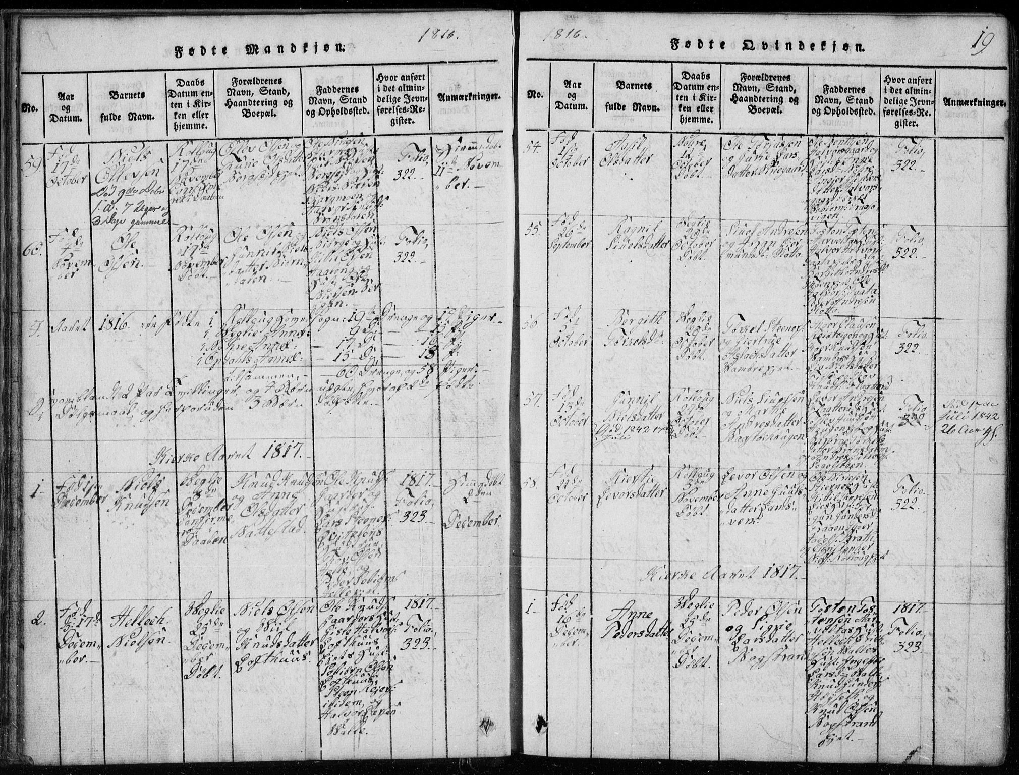Rollag kirkebøker, SAKO/A-240/G/Ga/L0001: Parish register (copy) no. I 1, 1814-1831, p. 19