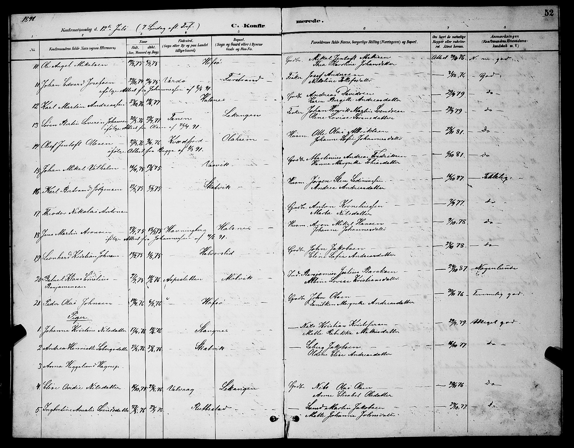 Tranøy sokneprestkontor, AV/SATØ-S-1313/I/Ia/Iab/L0004klokker: Parish register (copy) no. 4, 1888-1901, p. 52