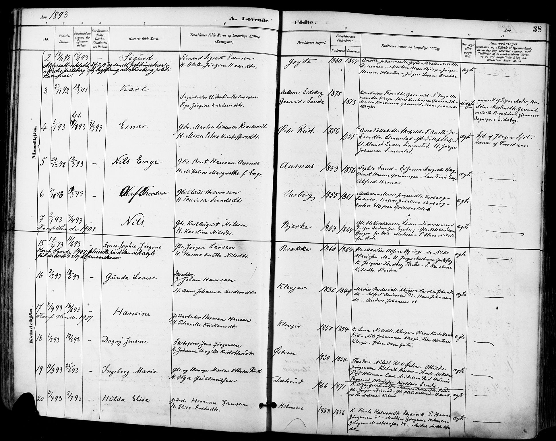 Sande Kirkebøker, AV/SAKO-A-53/F/Fa/L0007: Parish register (official) no. 7, 1888-1903, p. 38