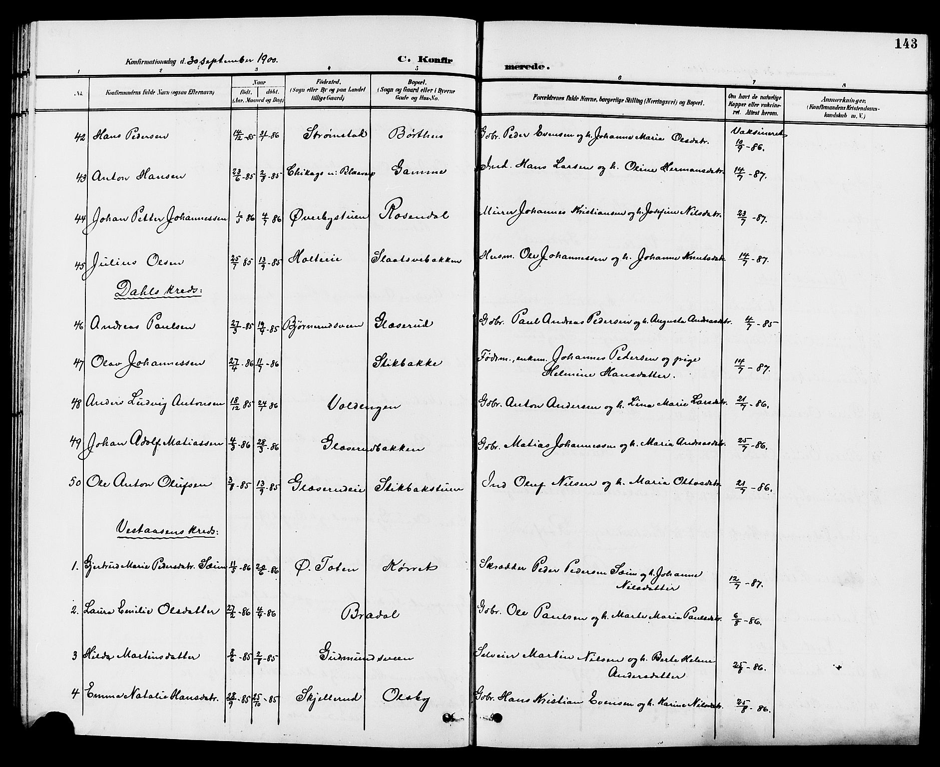 Vestre Toten prestekontor, AV/SAH-PREST-108/H/Ha/Hab/L0010: Parish register (copy) no. 10, 1900-1912, p. 143