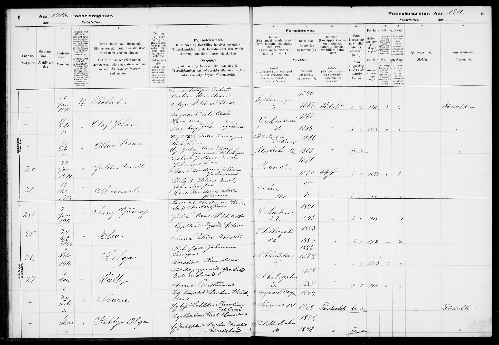 Nykirken Sokneprestembete, AV/SAB-A-77101/I/Id/L00A1: Birth register no. A 1, 1916-1922, p. 6