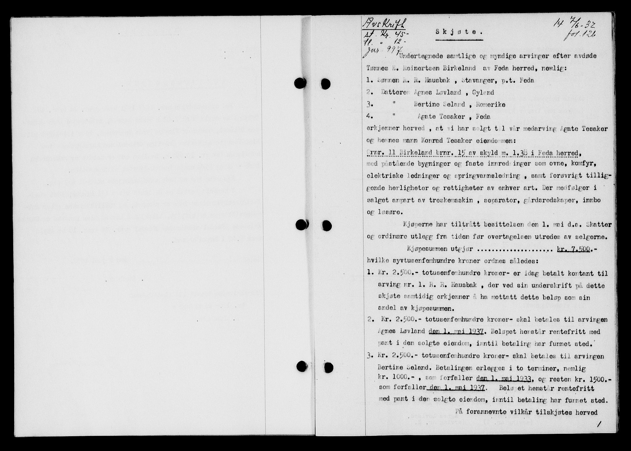 Flekkefjord sorenskriveri, AV/SAK-1221-0001/G/Gb/Gba/L0047: Mortgage book no. 45, 1931-1932, Deed date: 07.06.1932