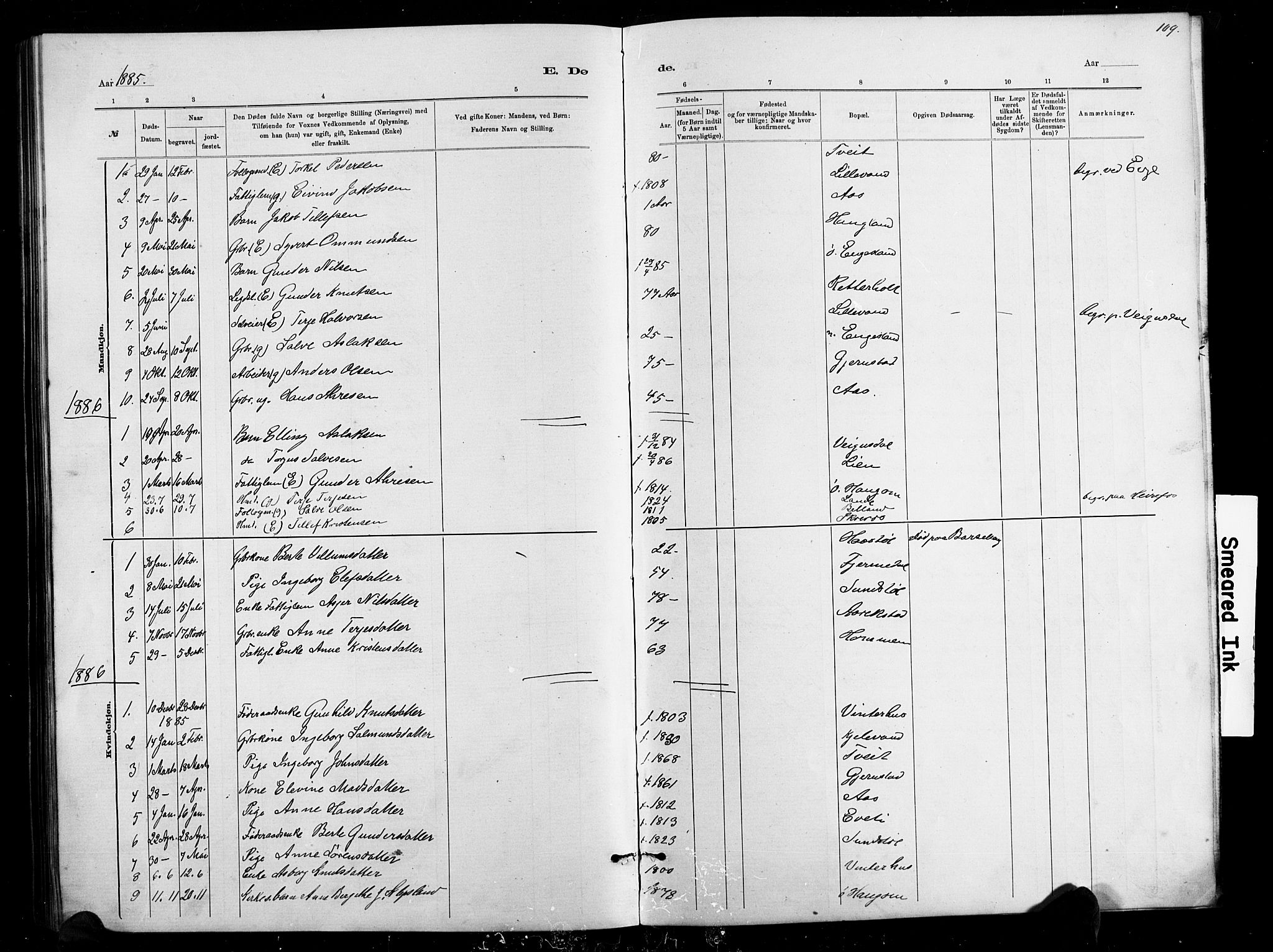 Herefoss sokneprestkontor, SAK/1111-0019/F/Fb/Fbb/L0002: Parish register (copy) no. B 2, 1879-1894, p. 109