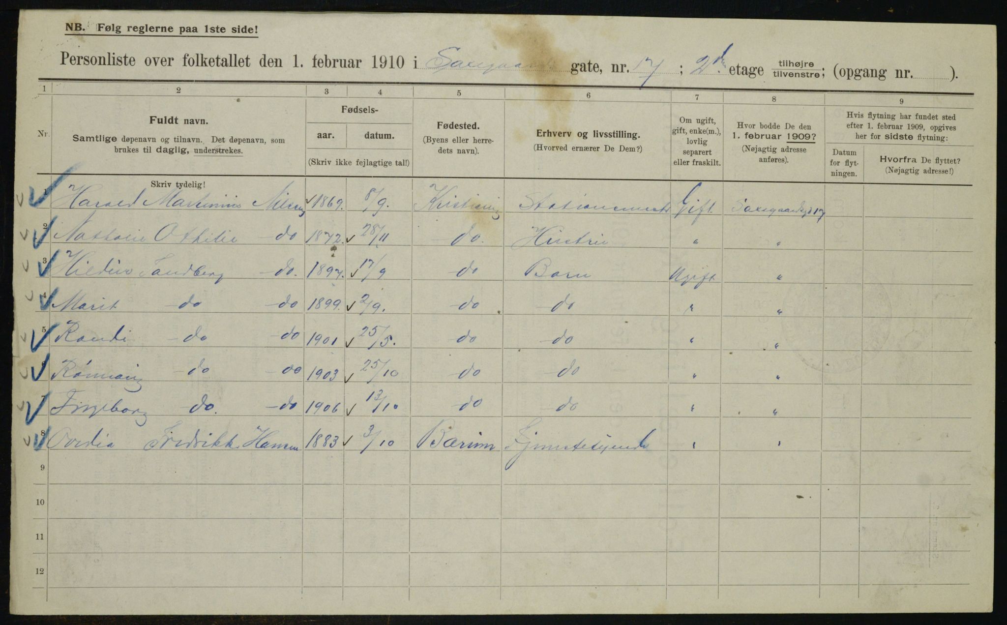 OBA, Municipal Census 1910 for Kristiania, 1910, p. 85411