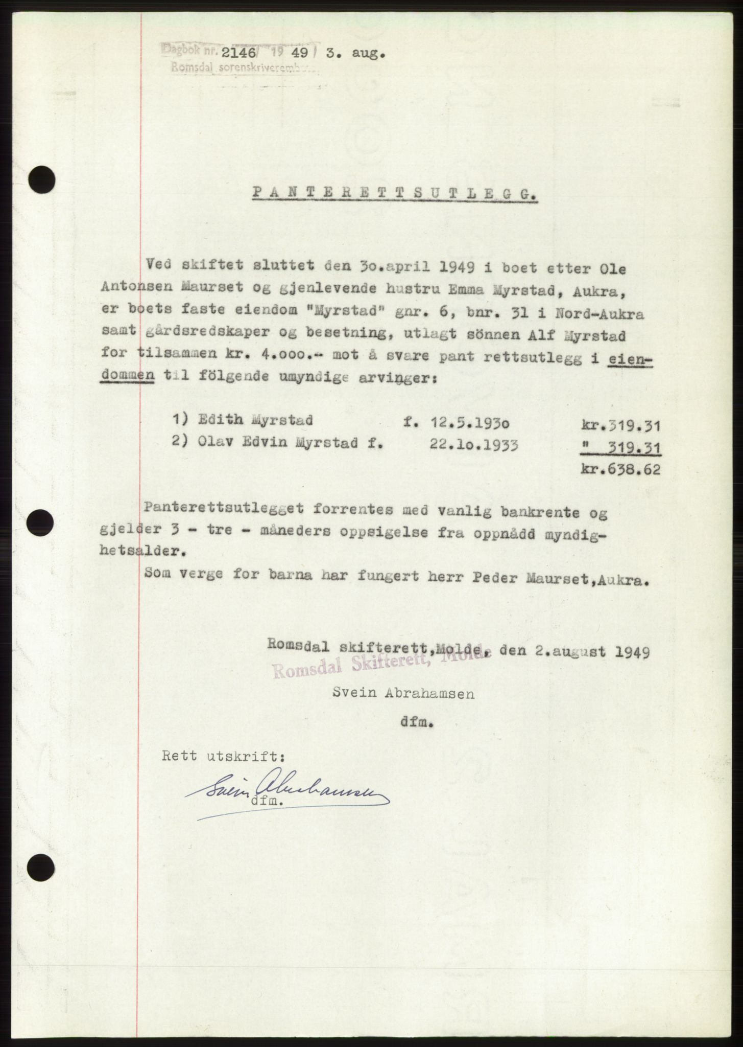 Romsdal sorenskriveri, AV/SAT-A-4149/1/2/2C: Mortgage book no. B4, 1948-1949, Diary no: : 2146/1949